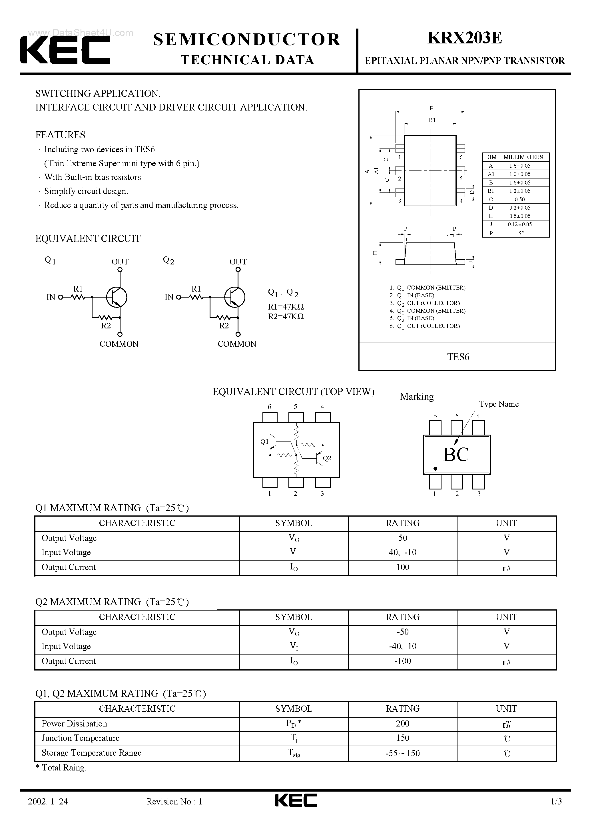 Даташит KRX203E - EPITAXIAL PLANAR PNP/NPN TRANSISTOR страница 1