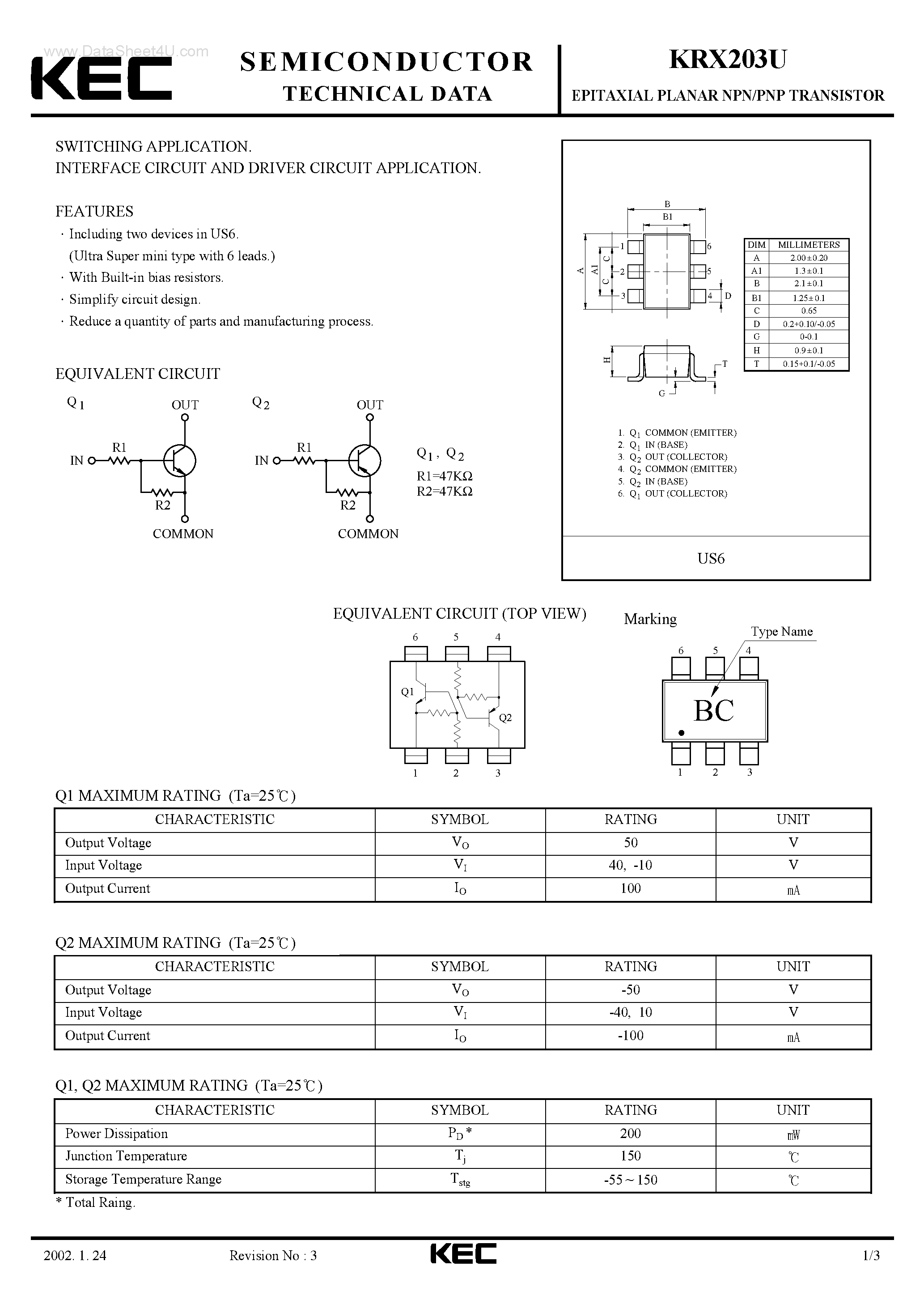 Даташит KRX203U - EPITAXIAL PLANAR PNP/NPN TRANSISTOR страница 1
