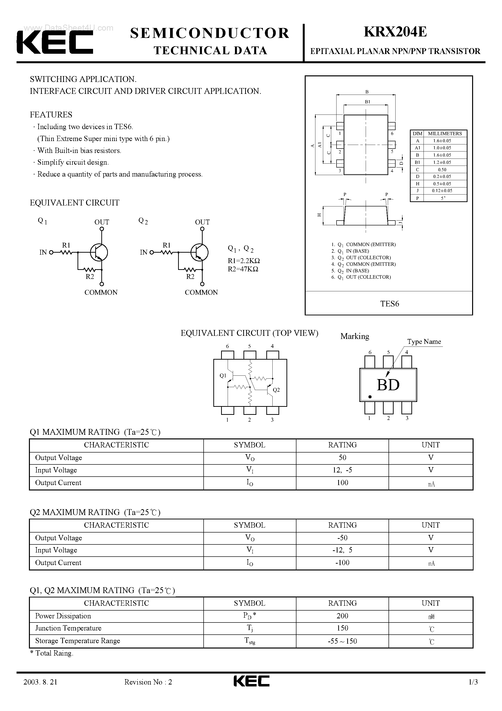 Даташит на микросхему KRX204E страница 1 Даташит KRX204E - EPITAXIAL PLANAR PNP/NPN TRANSISTOR страница 1