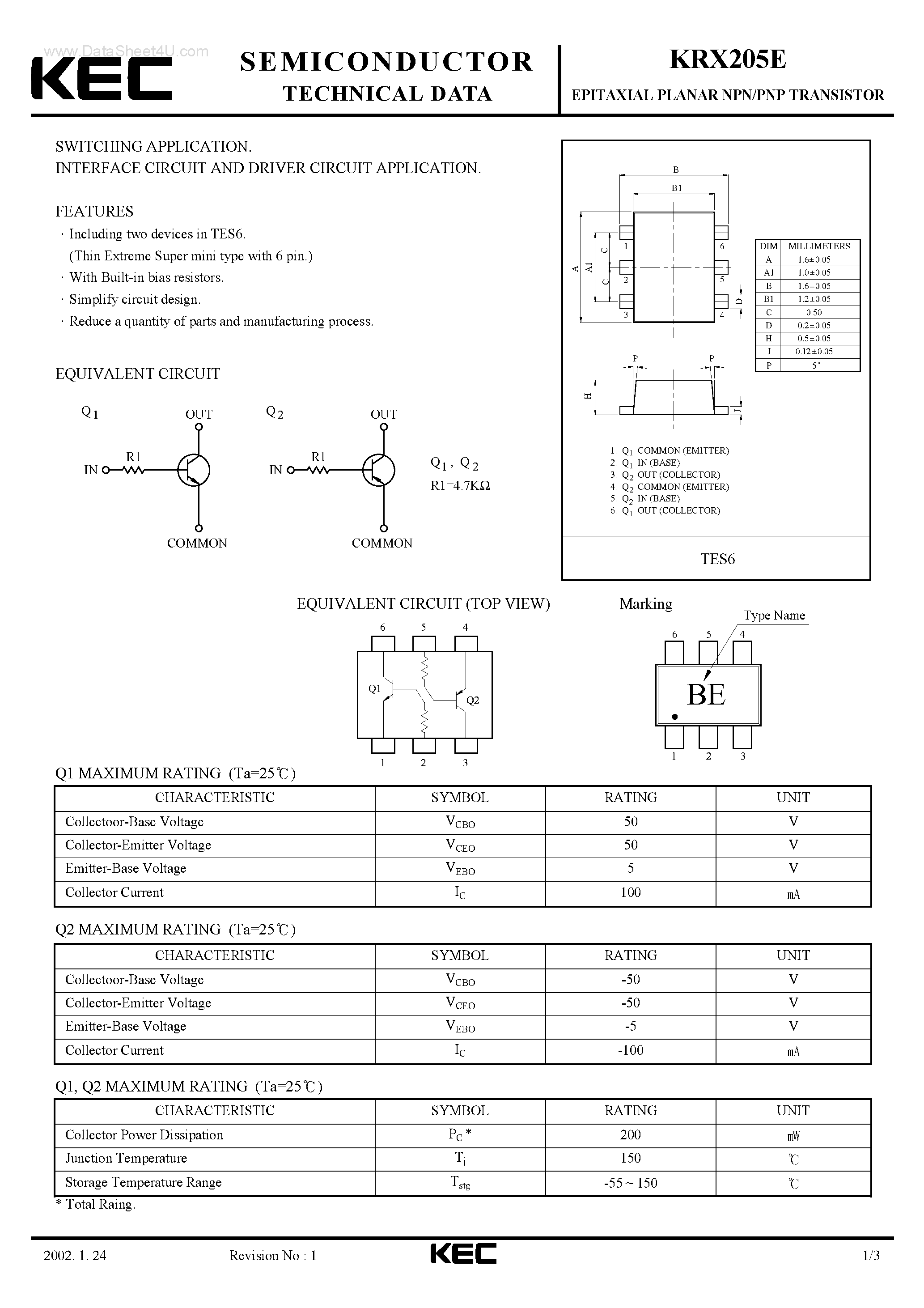 Даташит KRX205E - EPITAXIAL PLANAR PNP/NPN TRANSISTOR страница 1