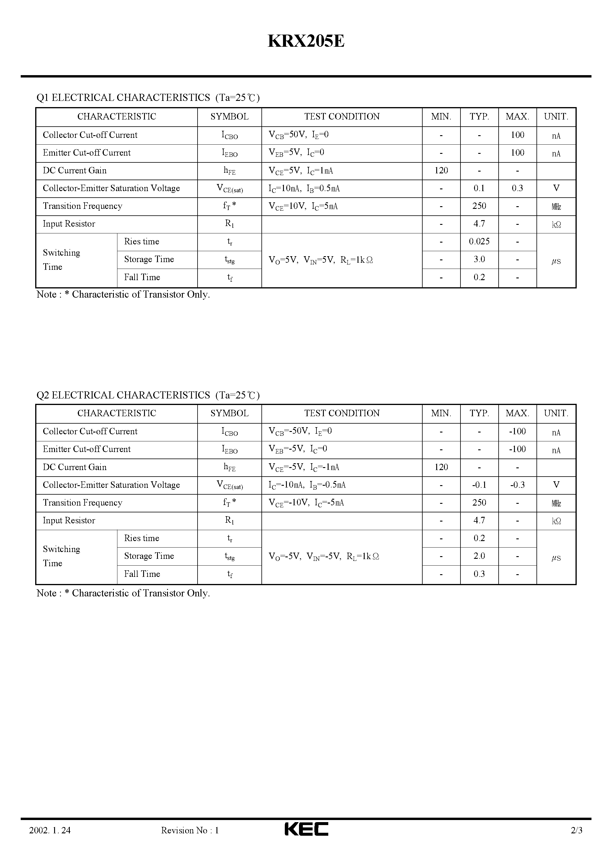 Даташит KRX205E - EPITAXIAL PLANAR PNP/NPN TRANSISTOR страница 2