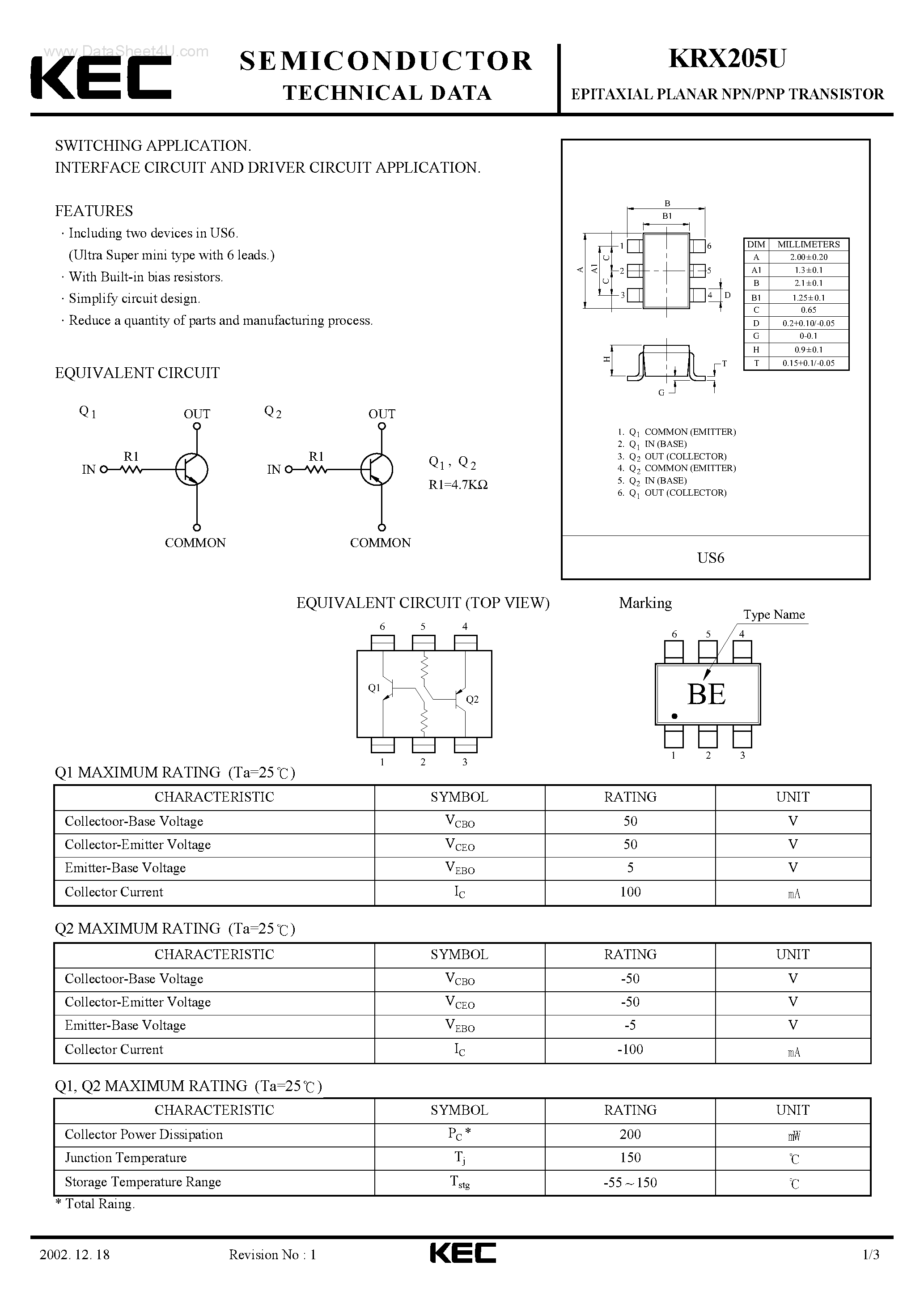 Даташит KRX205U - EPITAXIAL PLANAR PNP/NPN TRANSISTOR страница 1