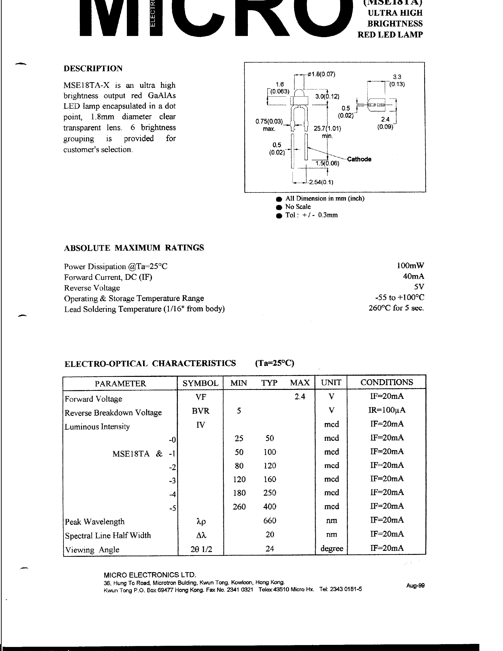 Datasheet MSE18TA-x page 1 Datasheet MSE18TA-x - ULTRA HIGH BRIGHTNESS RED LED LAMP page 1