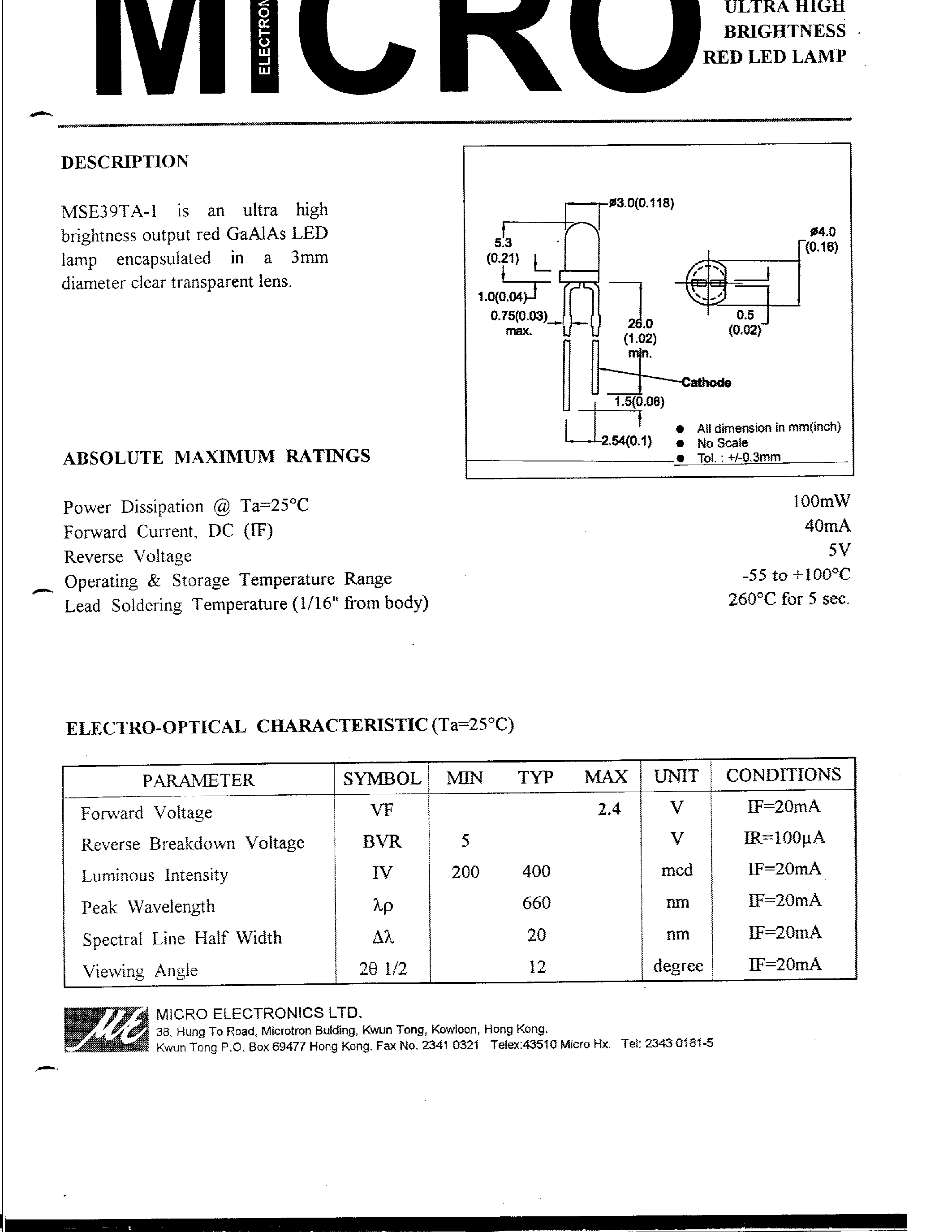 Datasheet MSE39TA-1 - ULTRA HIGH BRIGHTNESS RED LED LAMP page 1