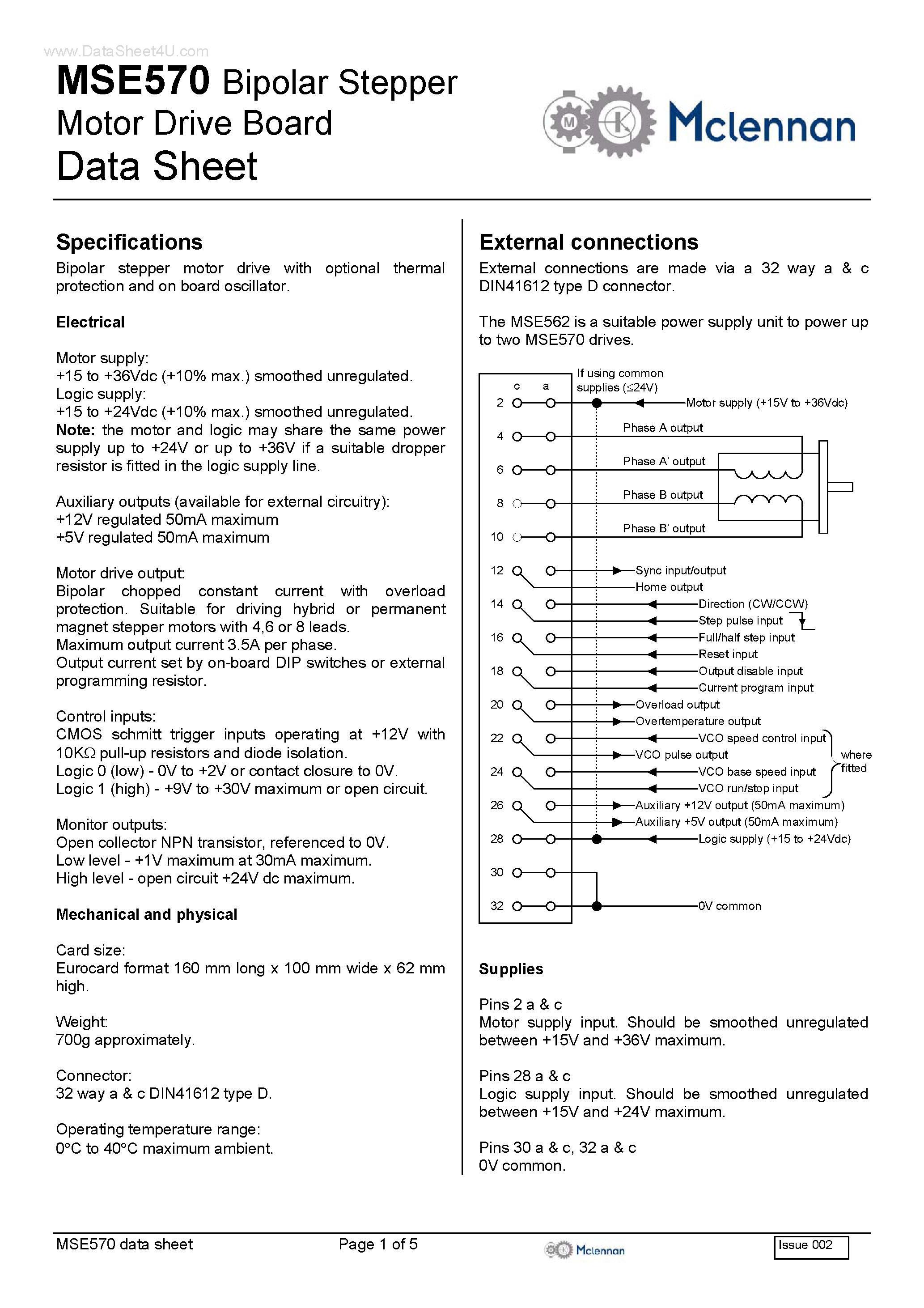 Даташит MSE570 - Bipolar Stepper Motor Drive Board страница 1