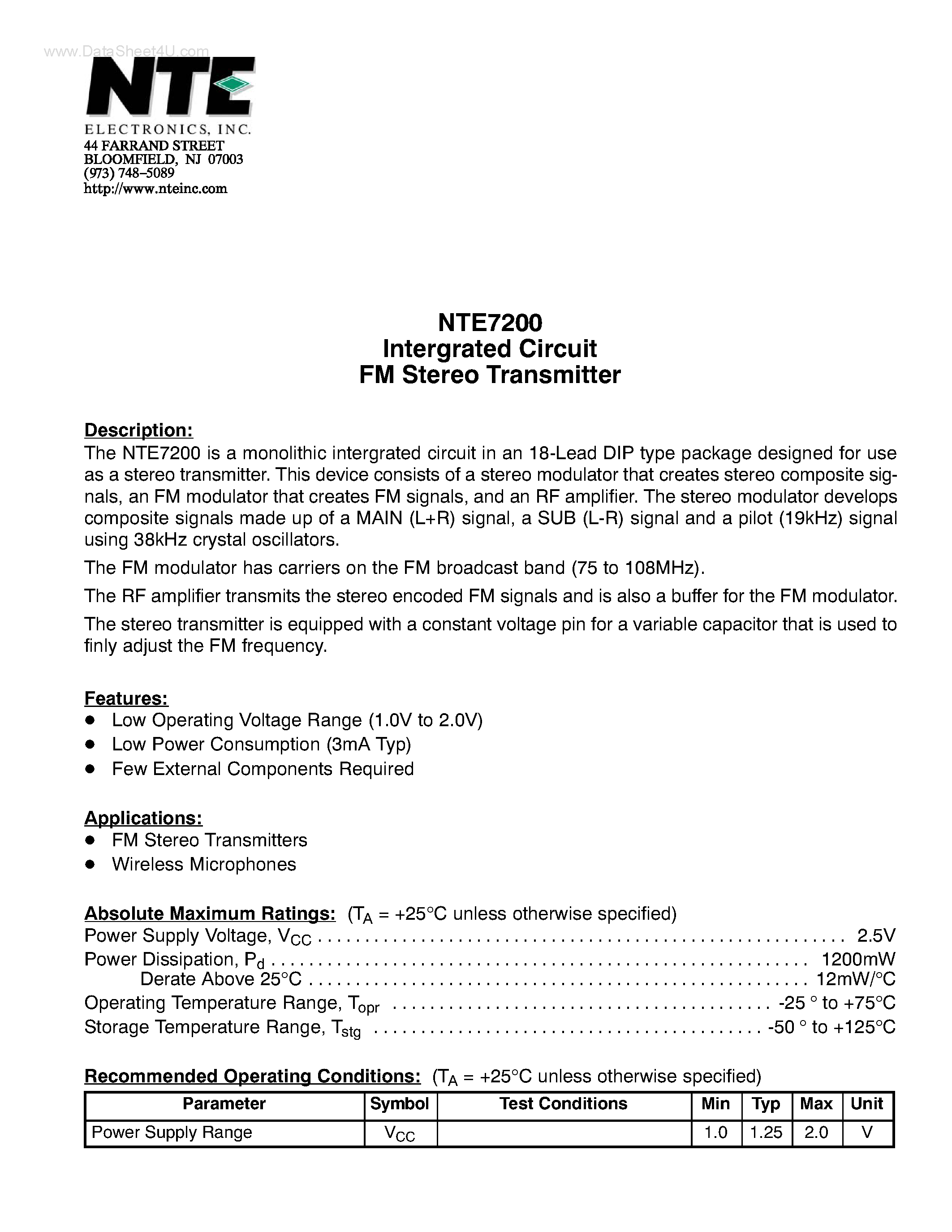 Даташит NTE7200 - Intergrated Circuit FM Stereo Transmitter страница 1