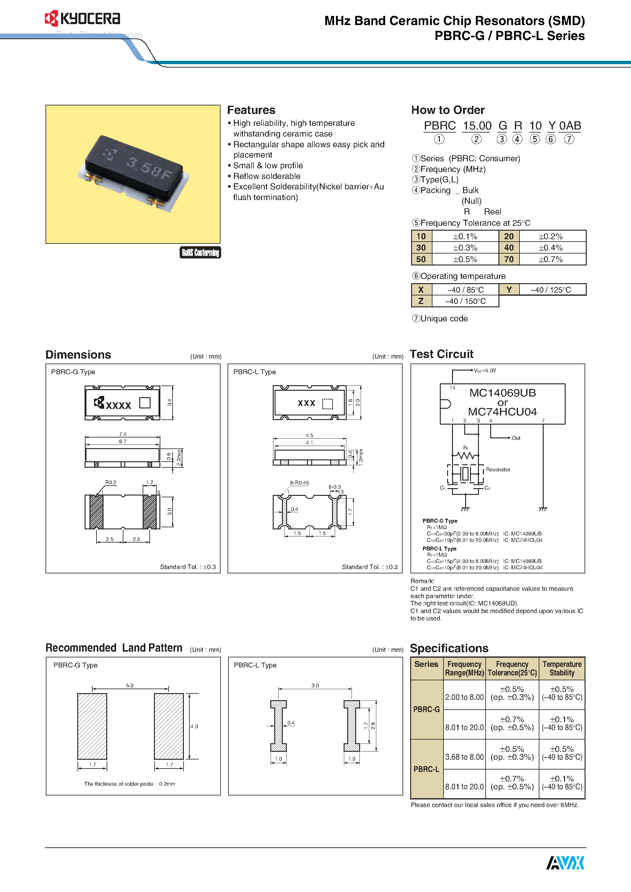 Даташит PBRC-G - MHz Band Ceramic Chip Resonators страница 1