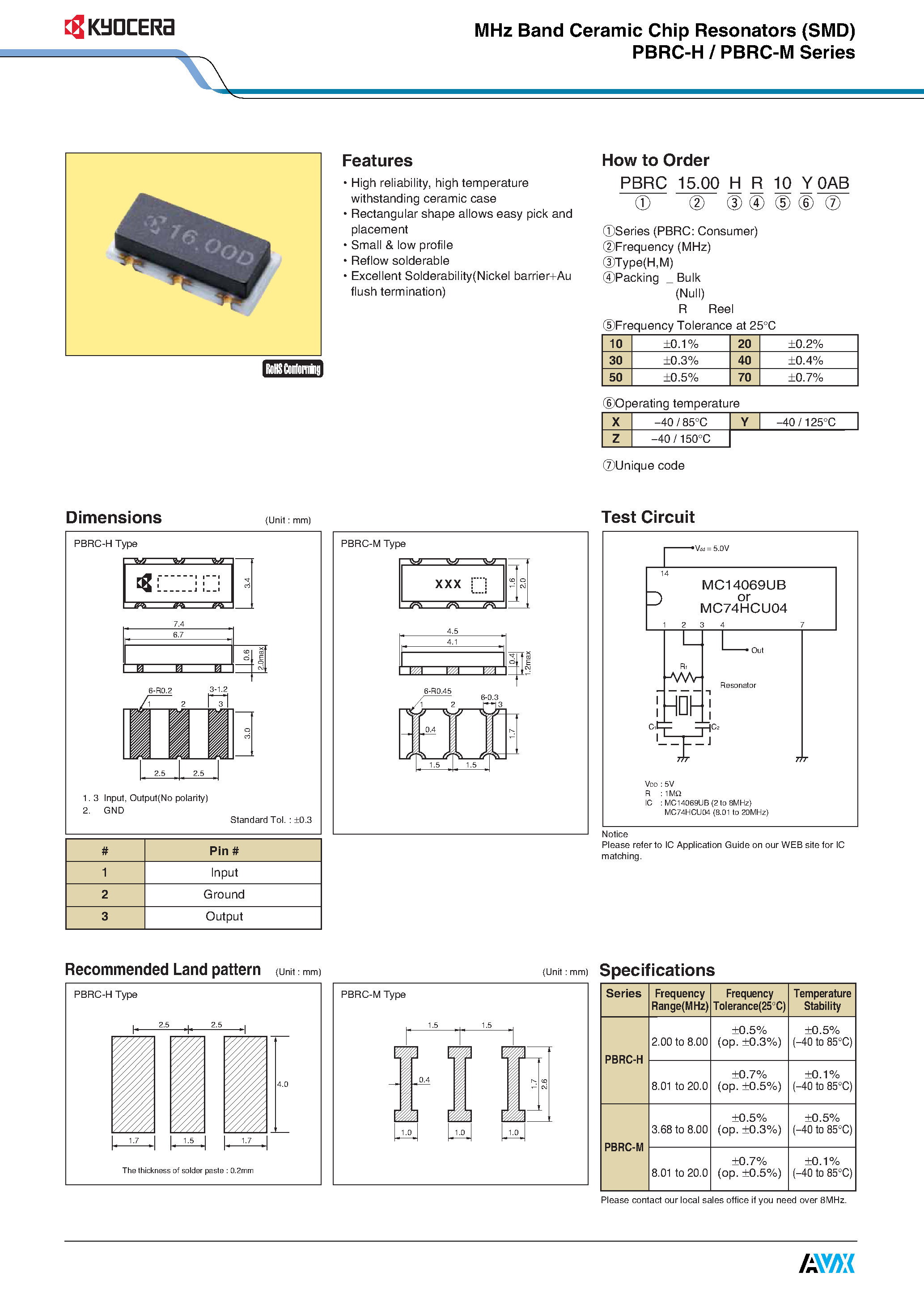 Даташит PBRC-G - MHz Band Ceramic Chip Resonators страница 2