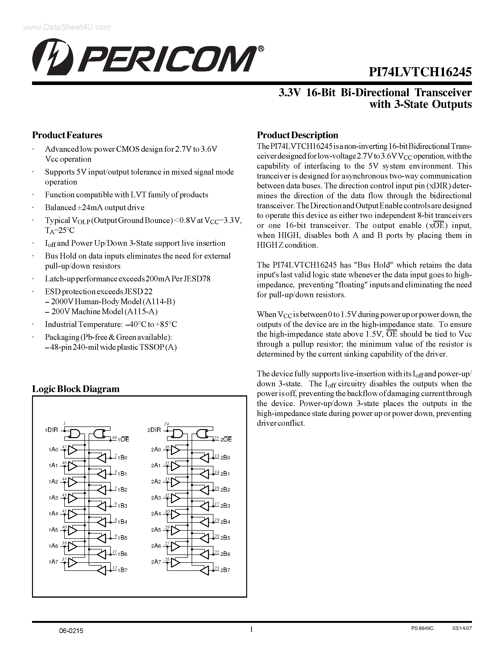 Datasheet PI74LVTCH16245 - 3.3V 16-Bit Bi-Directional Transceiver page 1