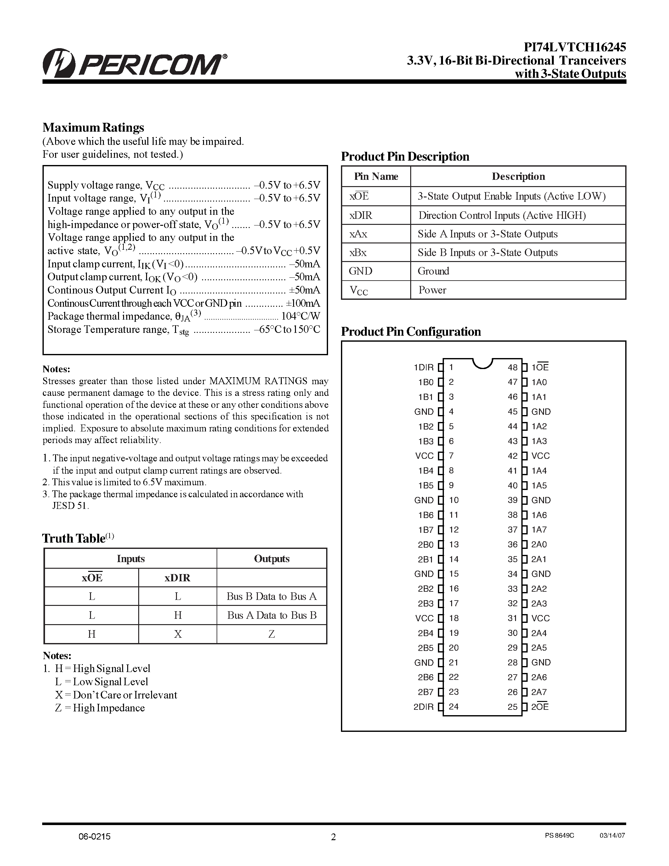 Datasheet PI74LVTCH16245 - 3.3V 16-Bit Bi-Directional Transceiver page 2