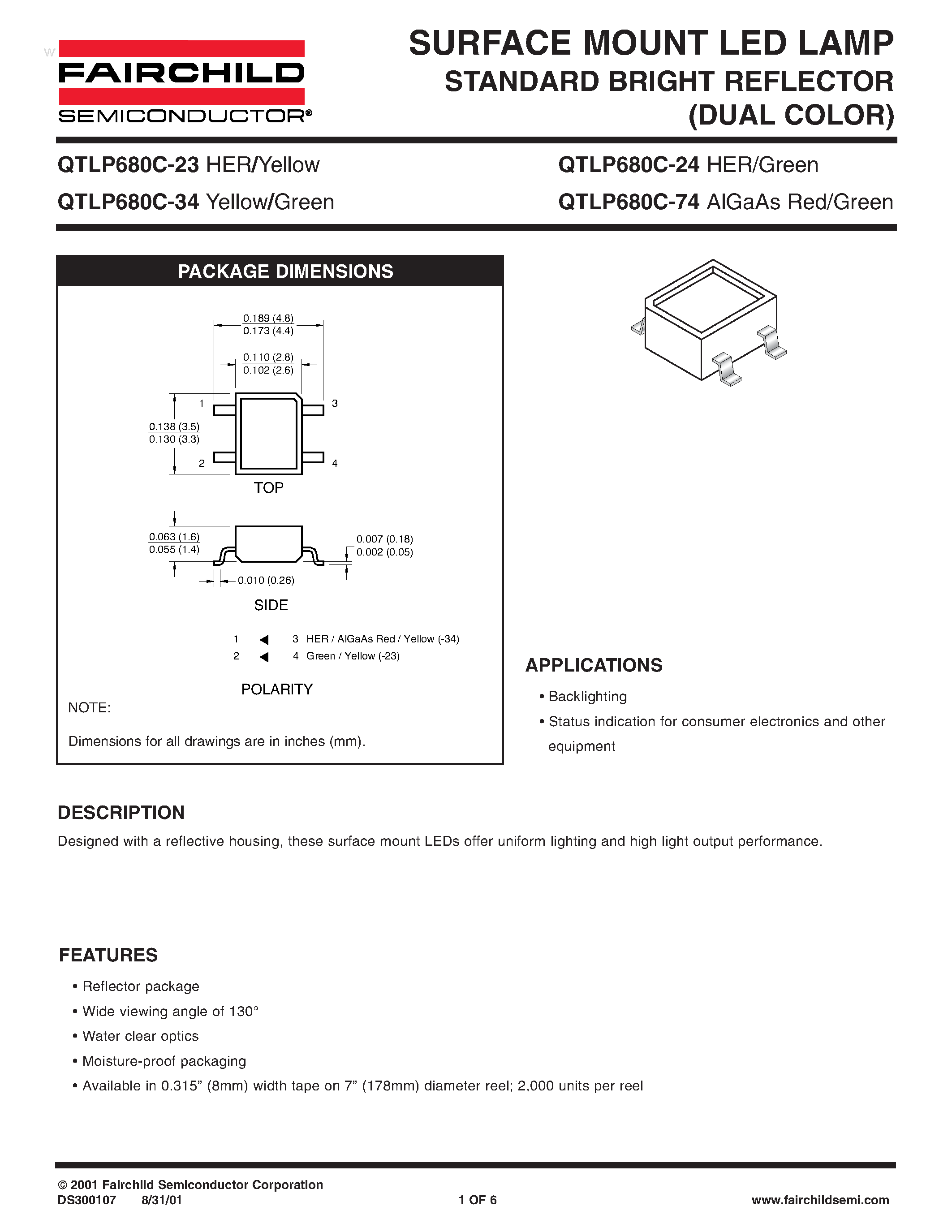 Даташит на микросхему QTLP680C-23 страница 1 Даташит QTLP680C-23 - (QTLP680C-xx) SURFACE MOUNT LED LAMP STANDARD BRIGHT REFLECTOR страница 1