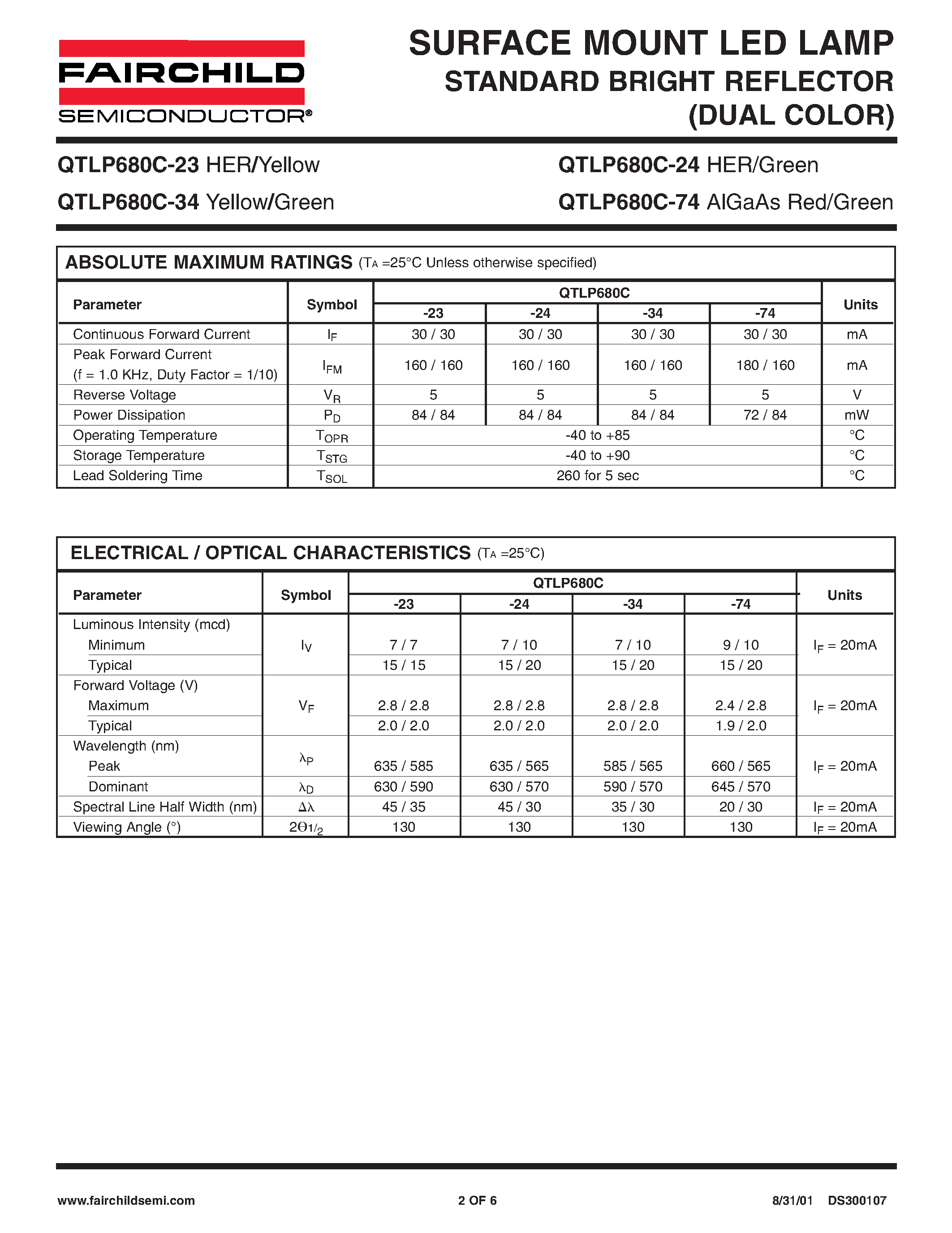 Даташит на микросхему QTLP680C-23 страница 2 Даташит QTLP680C-23 - (QTLP680C-xx) SURFACE MOUNT LED LAMP STANDARD BRIGHT REFLECTOR страница 2