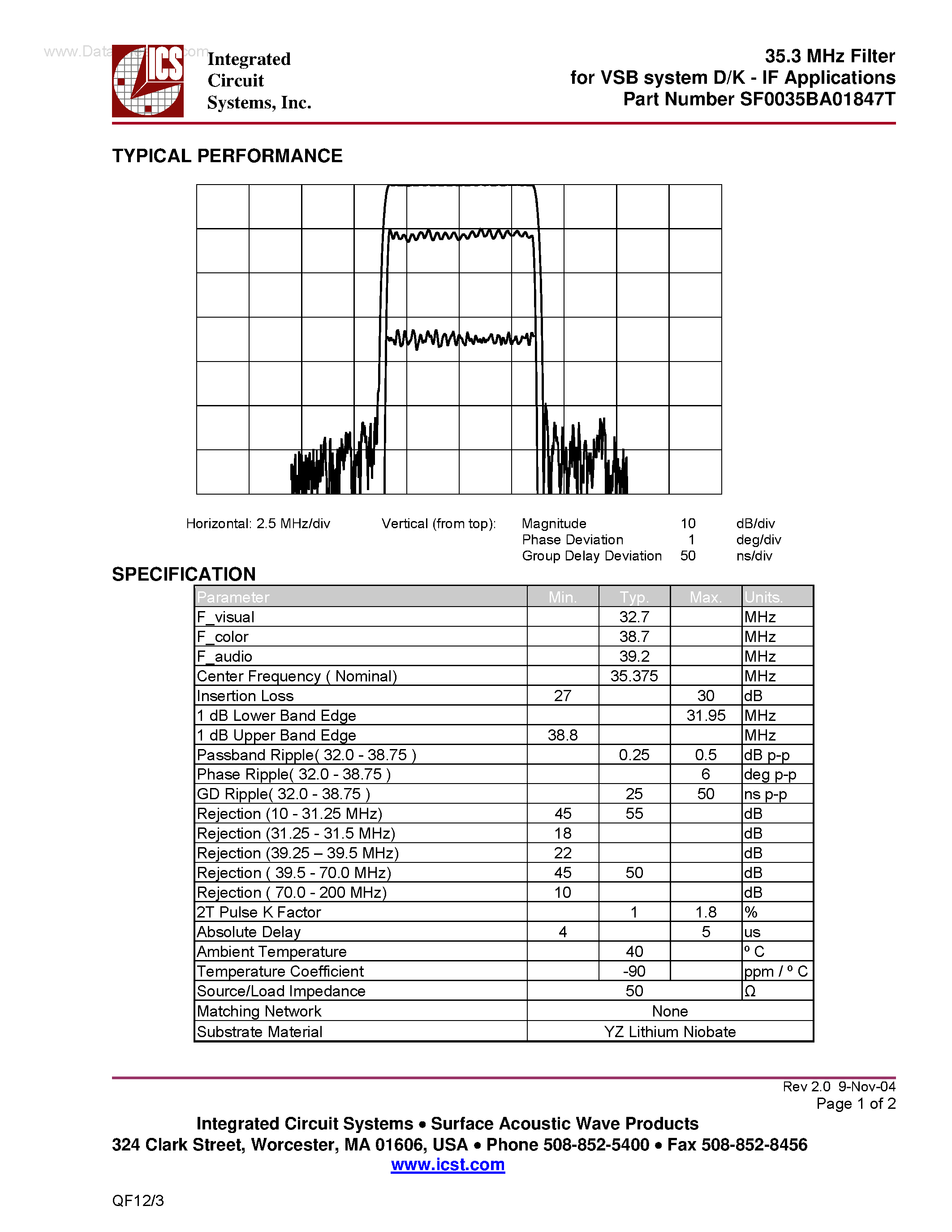 Datasheet SF0035BA01847T - 35.3 MHz Filter page 1