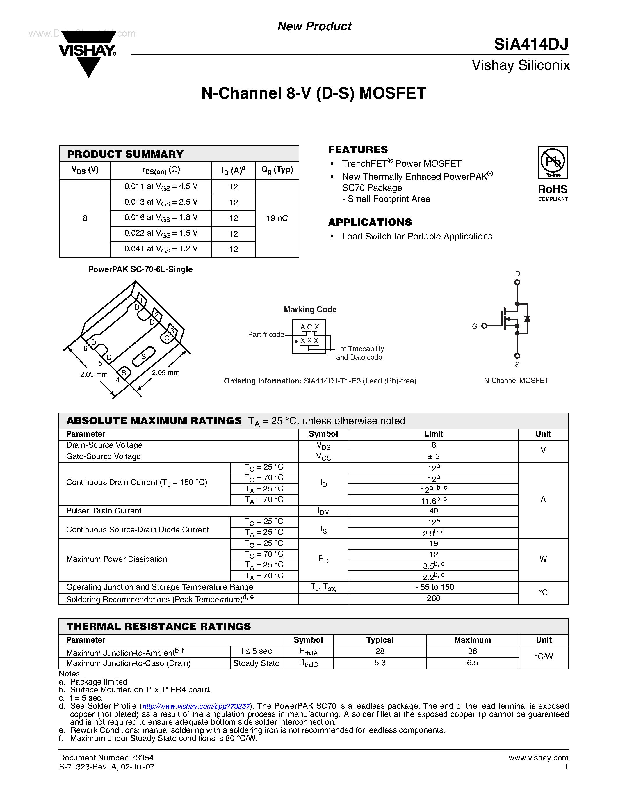 Даташит SIA414DJ - Dual N-Channel 8-V (D-S) MOSFET страница 1