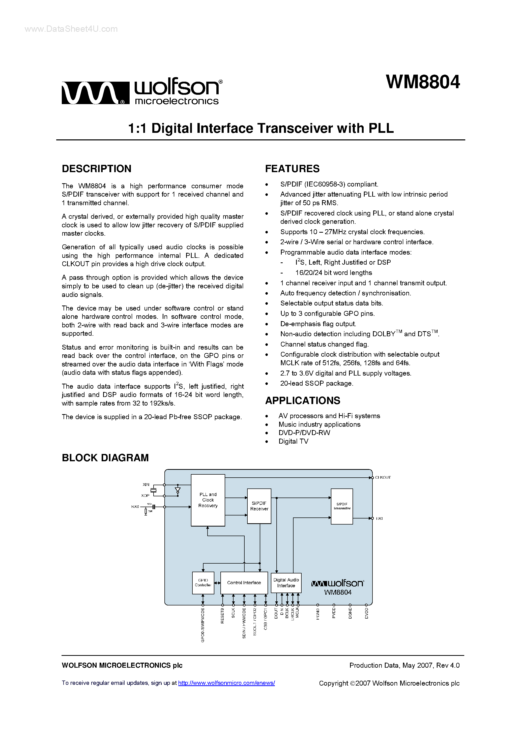Datasheet WM8804 page 1 Datasheet WM8804 - 1:1 Digital Interface Transceiver page 1