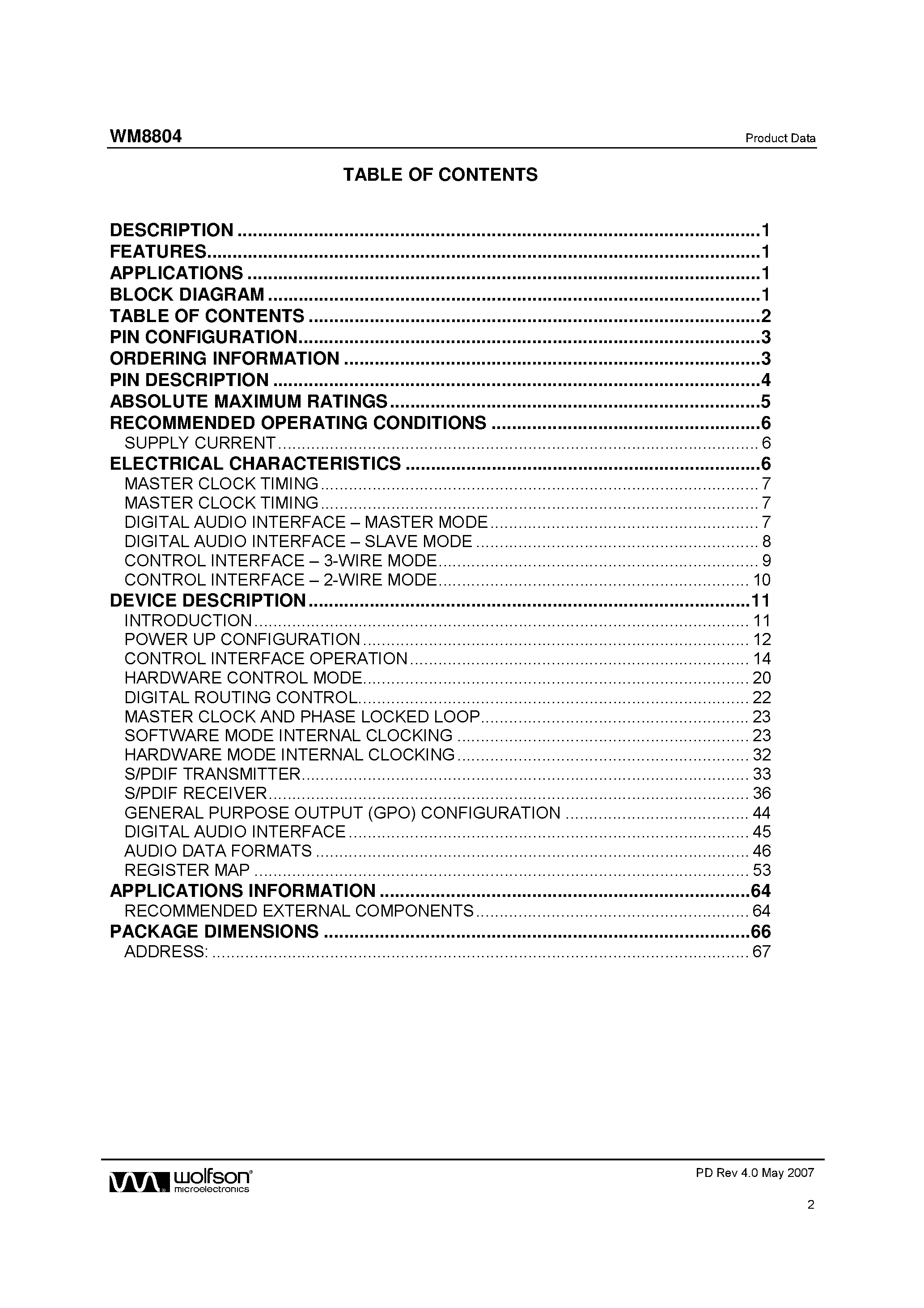 Datasheet WM8804 page 2 Datasheet WM8804 - 1:1 Digital Interface Transceiver page 2