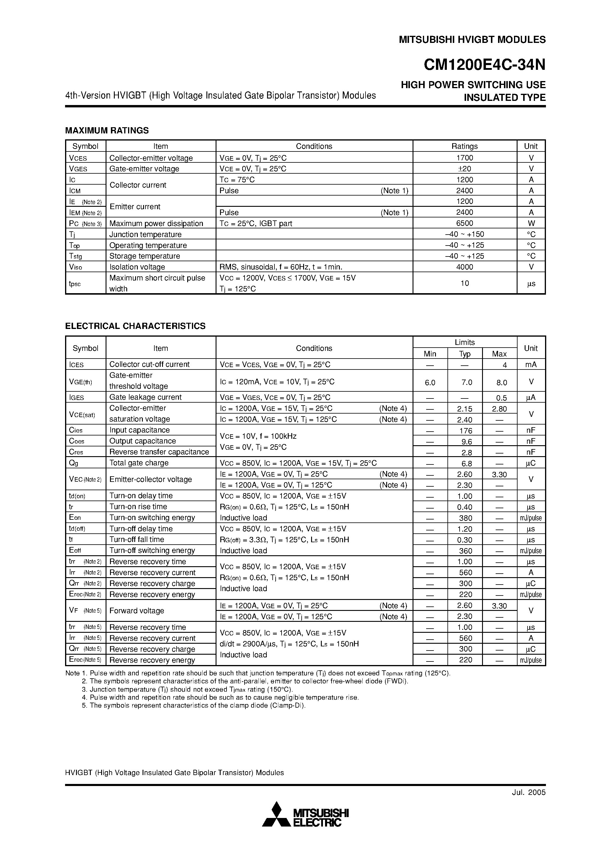 Даташит на микросхему CM1200E4C-34N страница 2 Даташит CM1200E4C-34N - HIGH POWER SWITCHING USE INSULATED TYPE страница 2