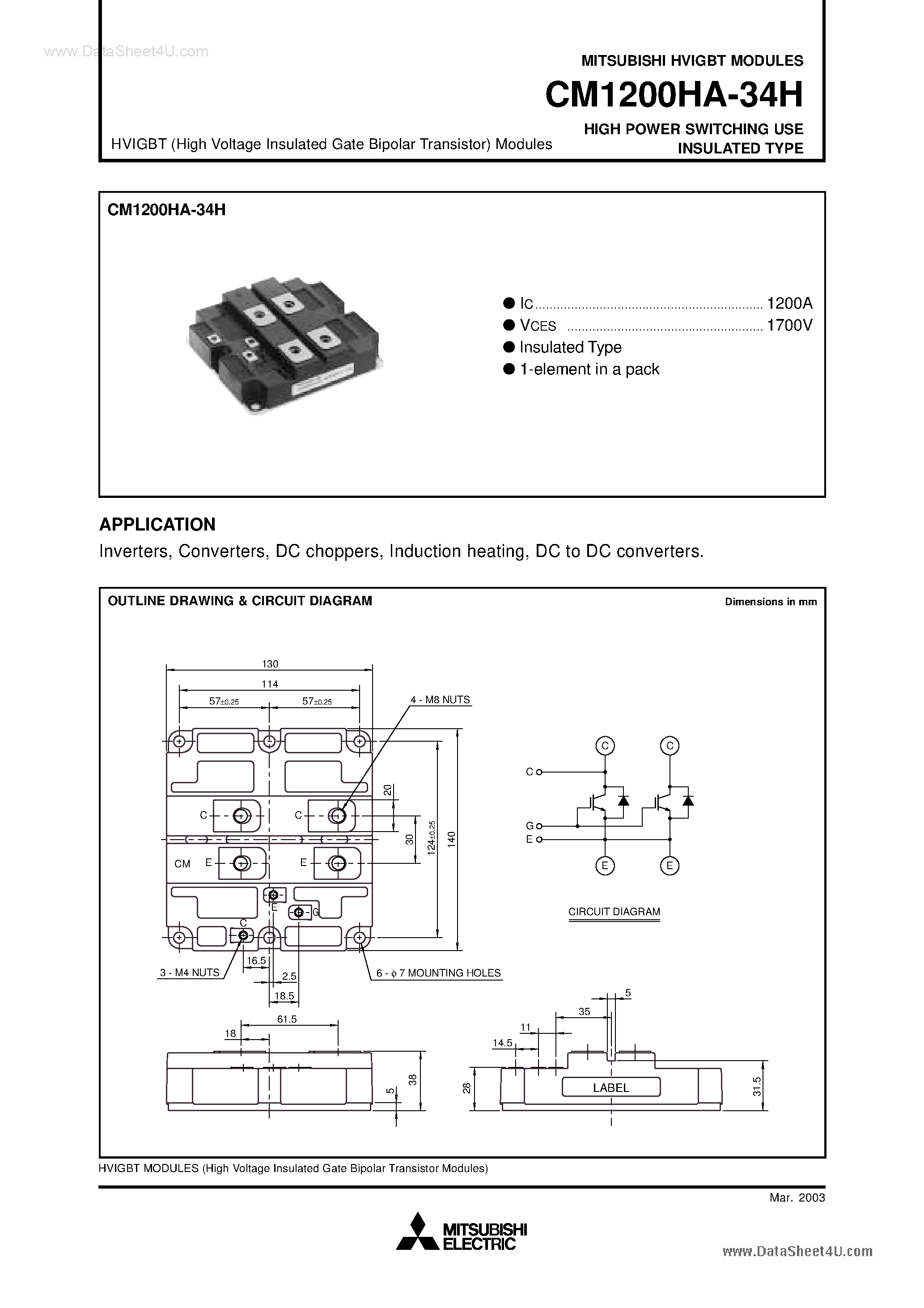 Даташит CM1200HA-34H - HIGH POWER SWITCHING USE INSULATED TYPE страница 1