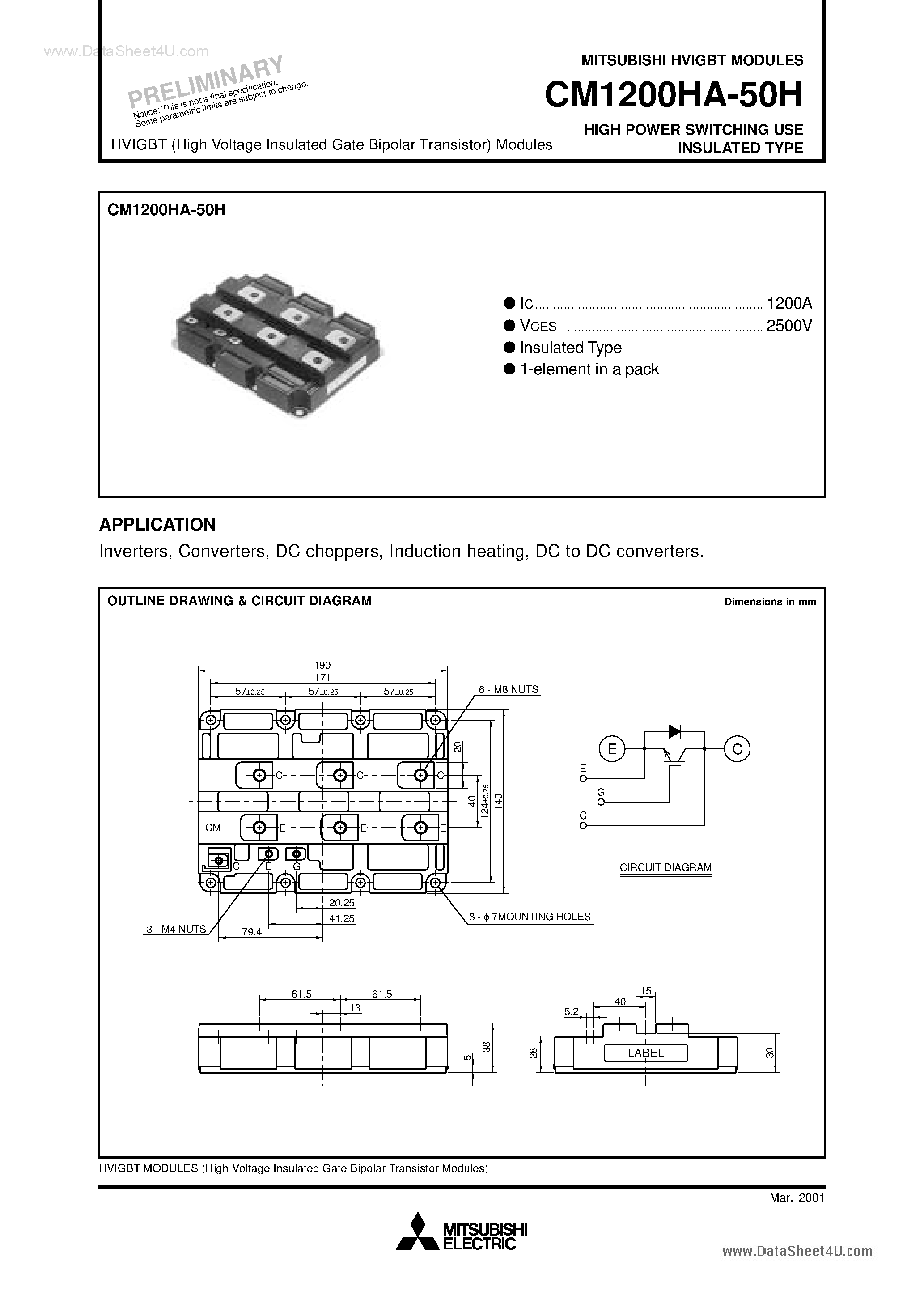 Даташит CM1200HA-50H - HIGH POWER SWITCHING USE INSULATED TYPE страница 1