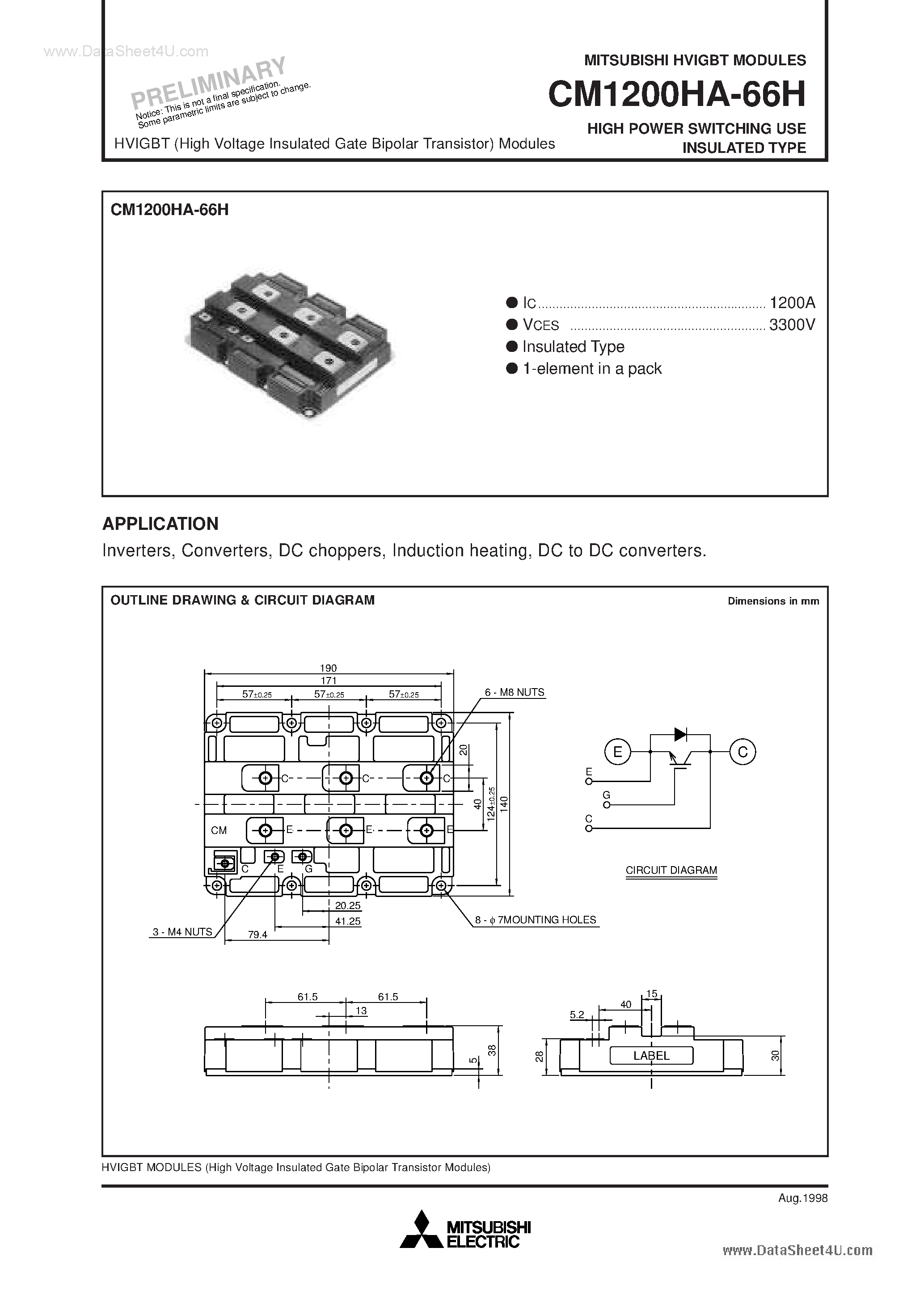 Даташит CM1200HA-66H - HIGH POWER SWITCHING USE INSULATED TYPE страница 1