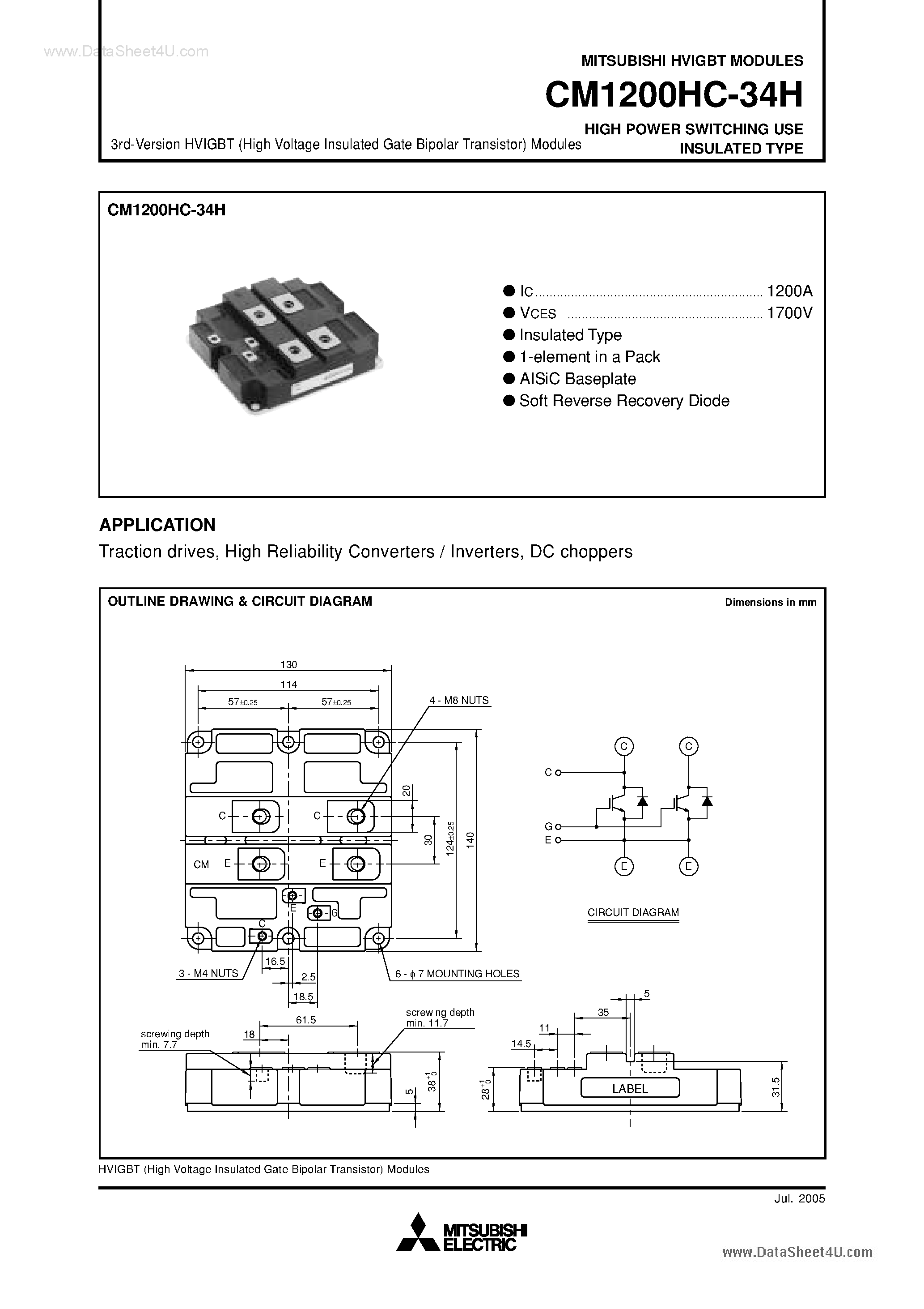 Даташит CM1200HC-34H - HIGH POWER SWITCHING USE INSULATED TYPE страница 1