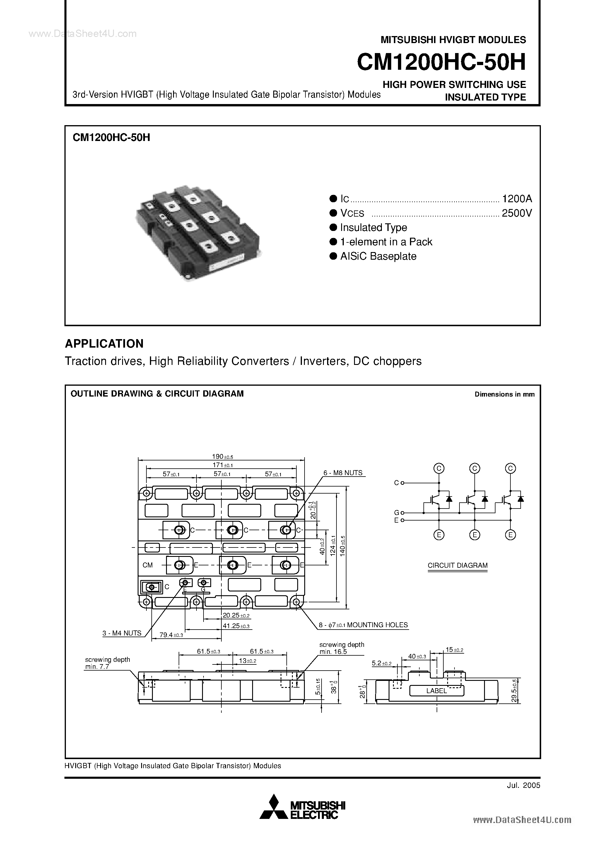 Даташит CM1200HC-50H - HIGH POWER SWITCHING USE INSULATED TYPE страница 1
