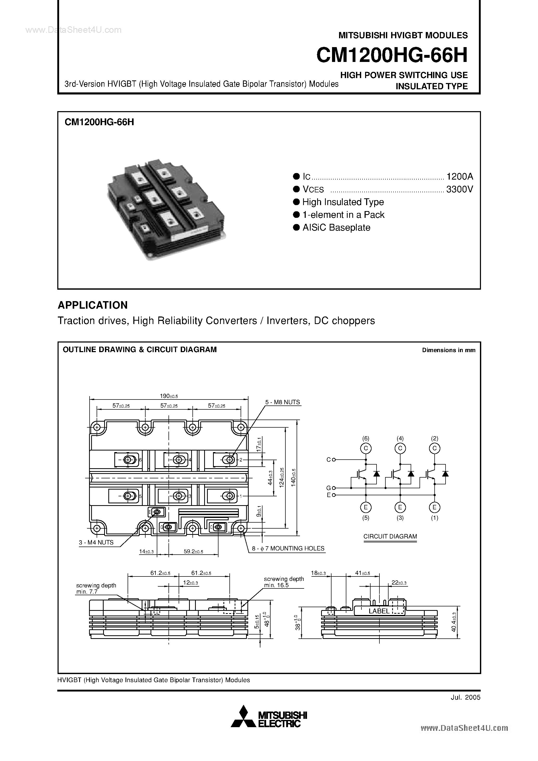Даташит на микросхему CM1200HG-66H страница 1 Даташит CM1200HG-66H - HIGH POWER SWITCHING USE INSULATED TYPE страница 1