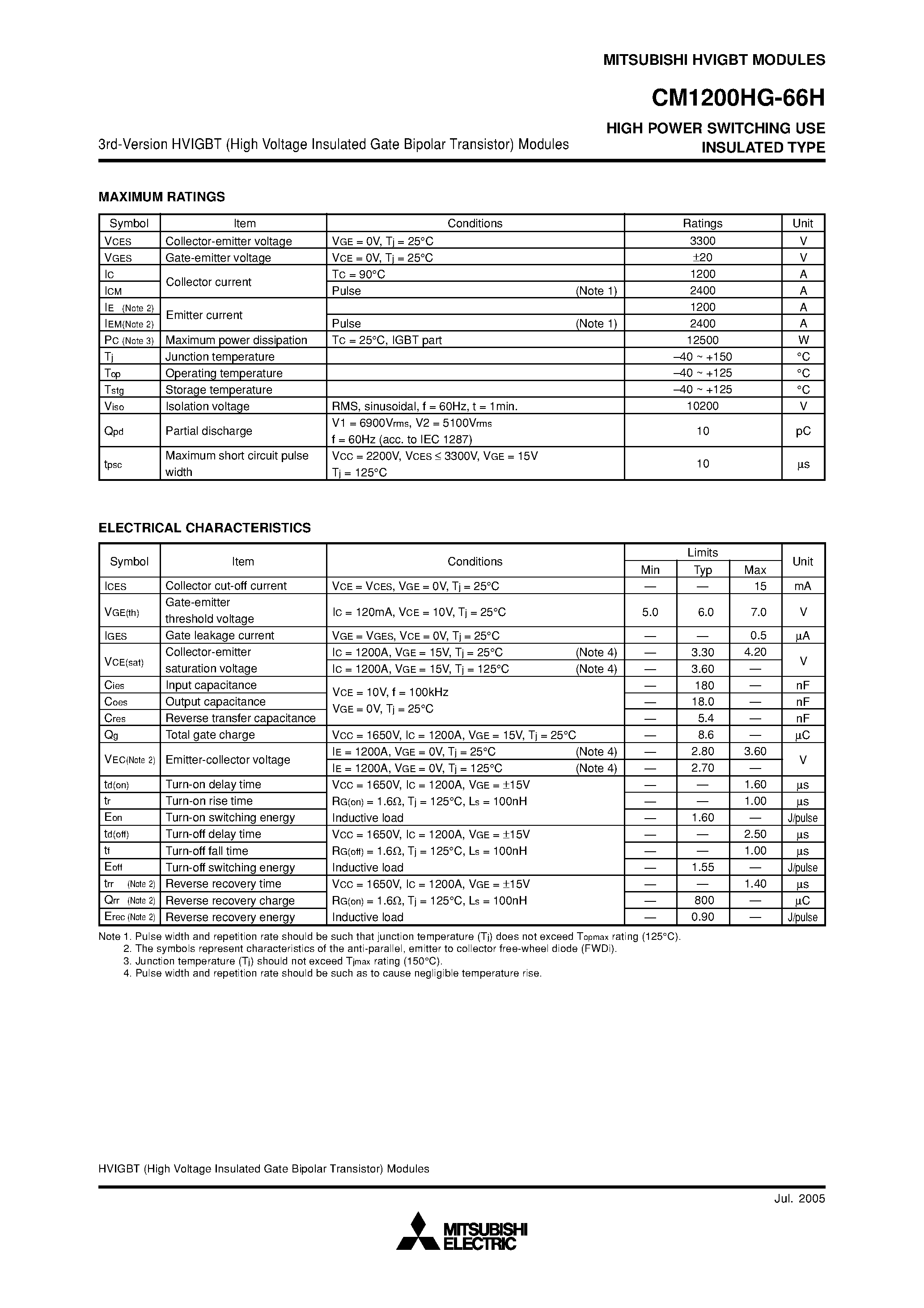 Даташит на микросхему CM1200HG-66H страница 2 Даташит CM1200HG-66H - HIGH POWER SWITCHING USE INSULATED TYPE страница 2