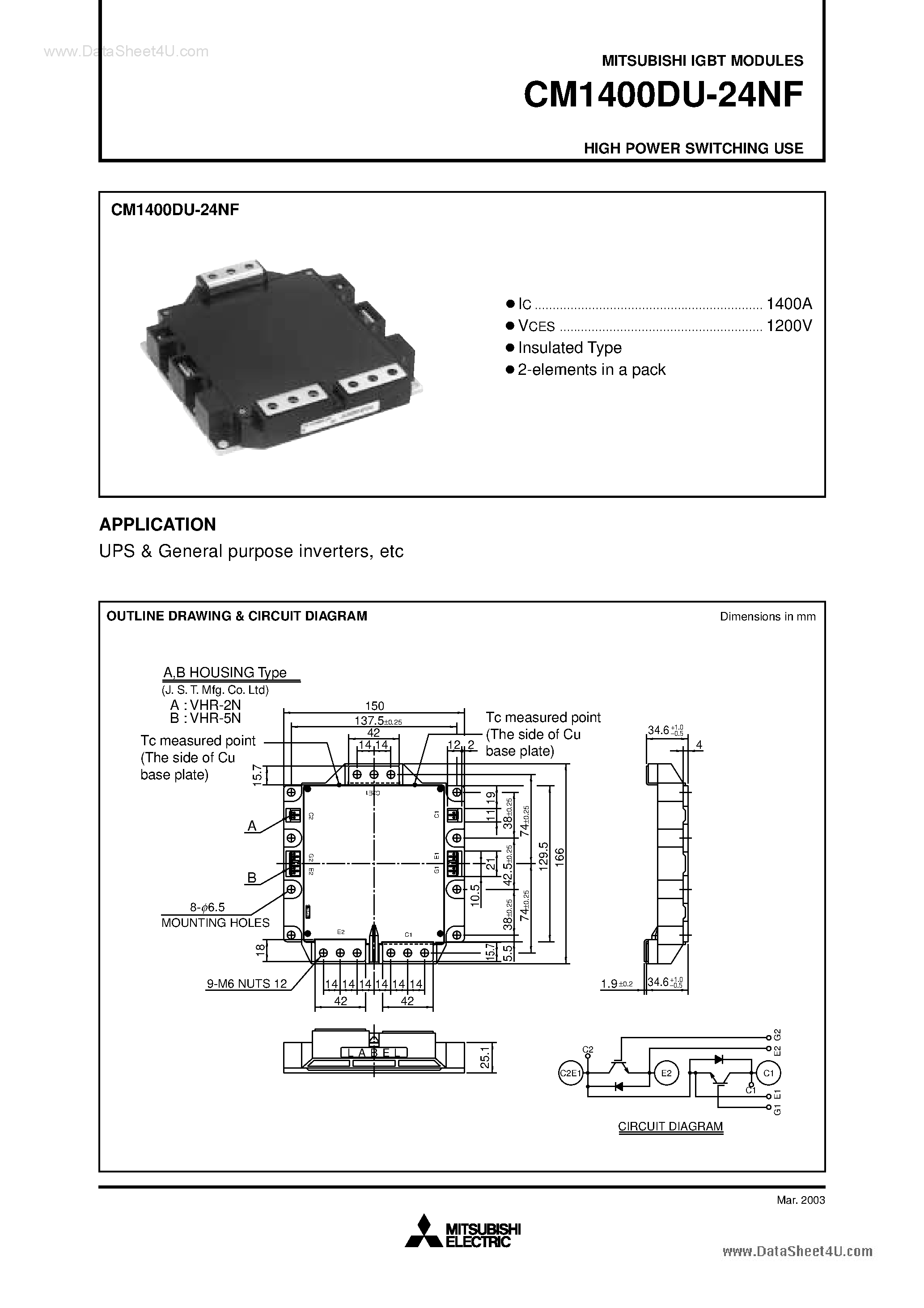 Даташит CM1400DU-24NF - HIGH POWER SWITCHING USE страница 1
