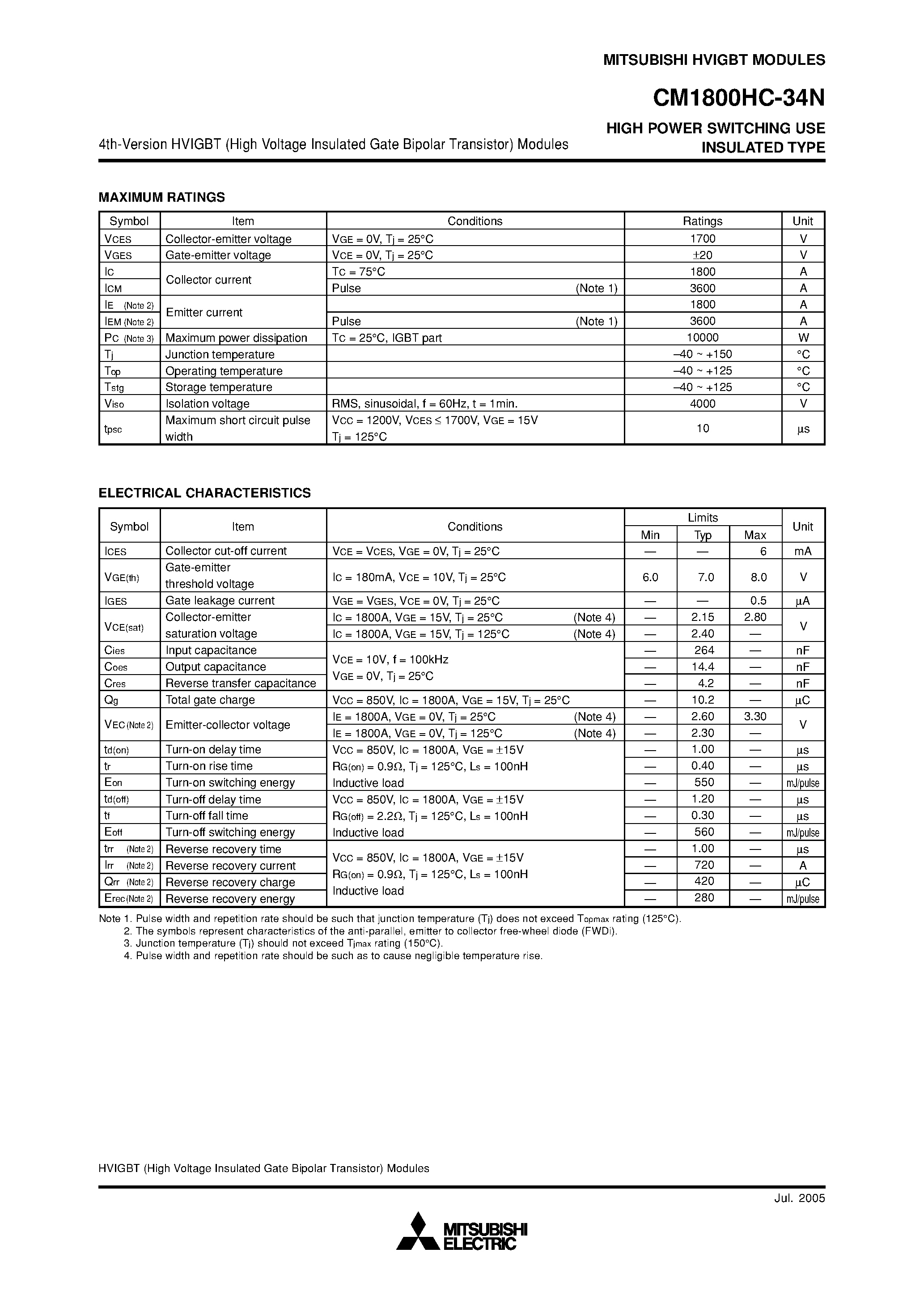 Даташит на микросхему CM1800HC-34N страница 2 Даташит CM1800HC-34N - HIGH POWER SWITCHING USE страница 2
