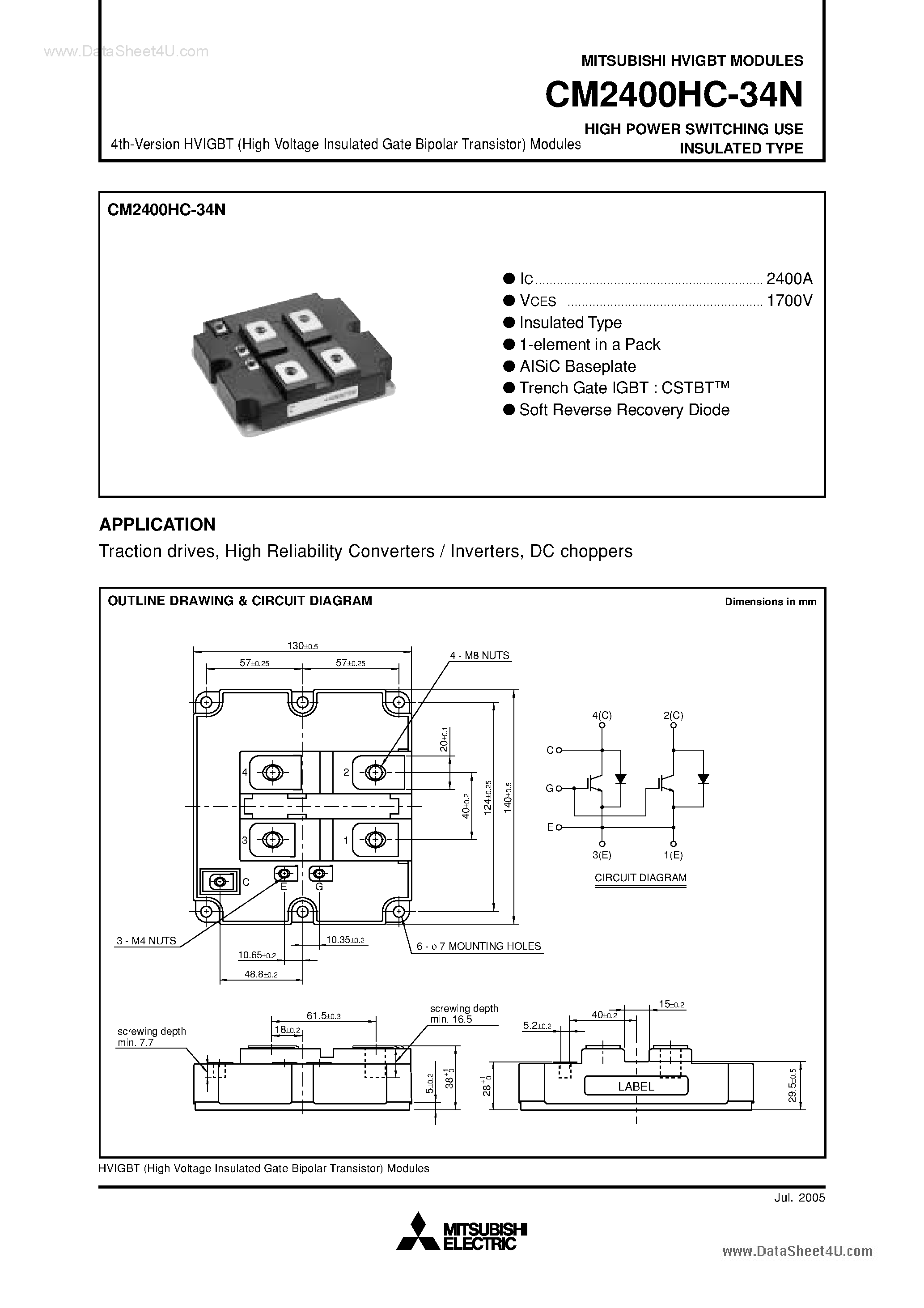 Даташит на микросхему CM2400HC-34N страница 1 Даташит CM2400HC-34N - HIGH POWER SWITCHING USE INSULATED TYPE страница 1