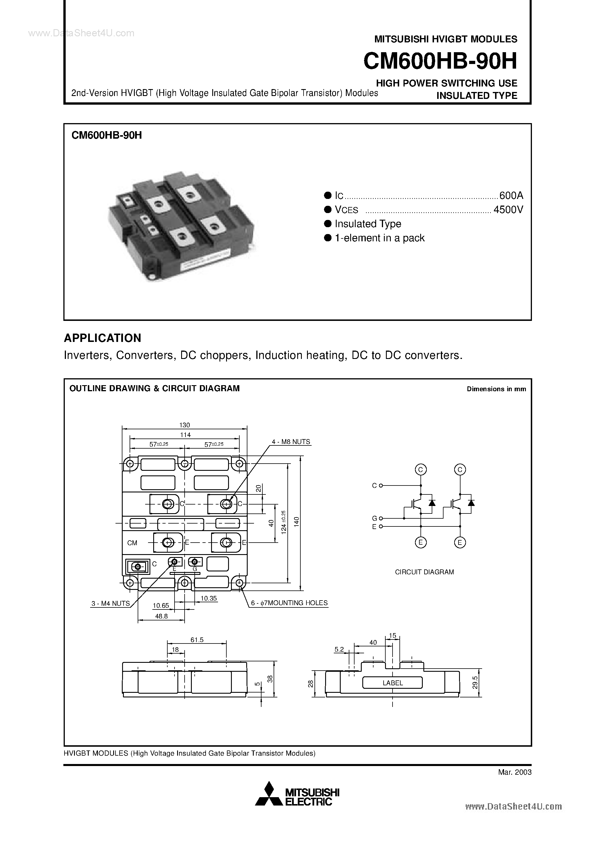 Даташит CM600HB-90H - HIGH POWER SWITCHING USE INSULATED TYPE страница 1