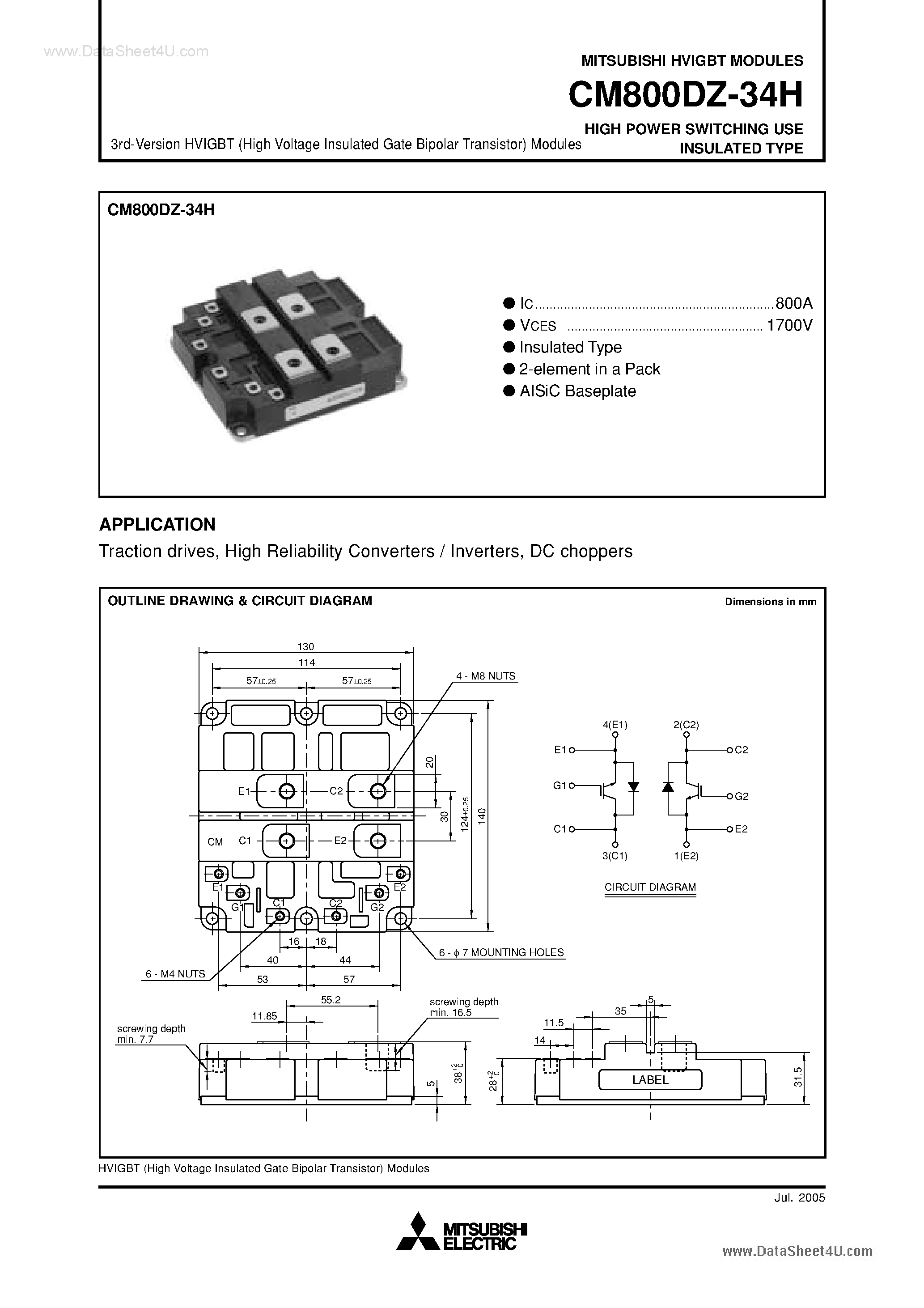 Даташит на микросхему CM800DZ-34H страница 1 Даташит CM800DZ-34H - HIGH POWER SWITCHING USE INSULATED TYPE страница 1