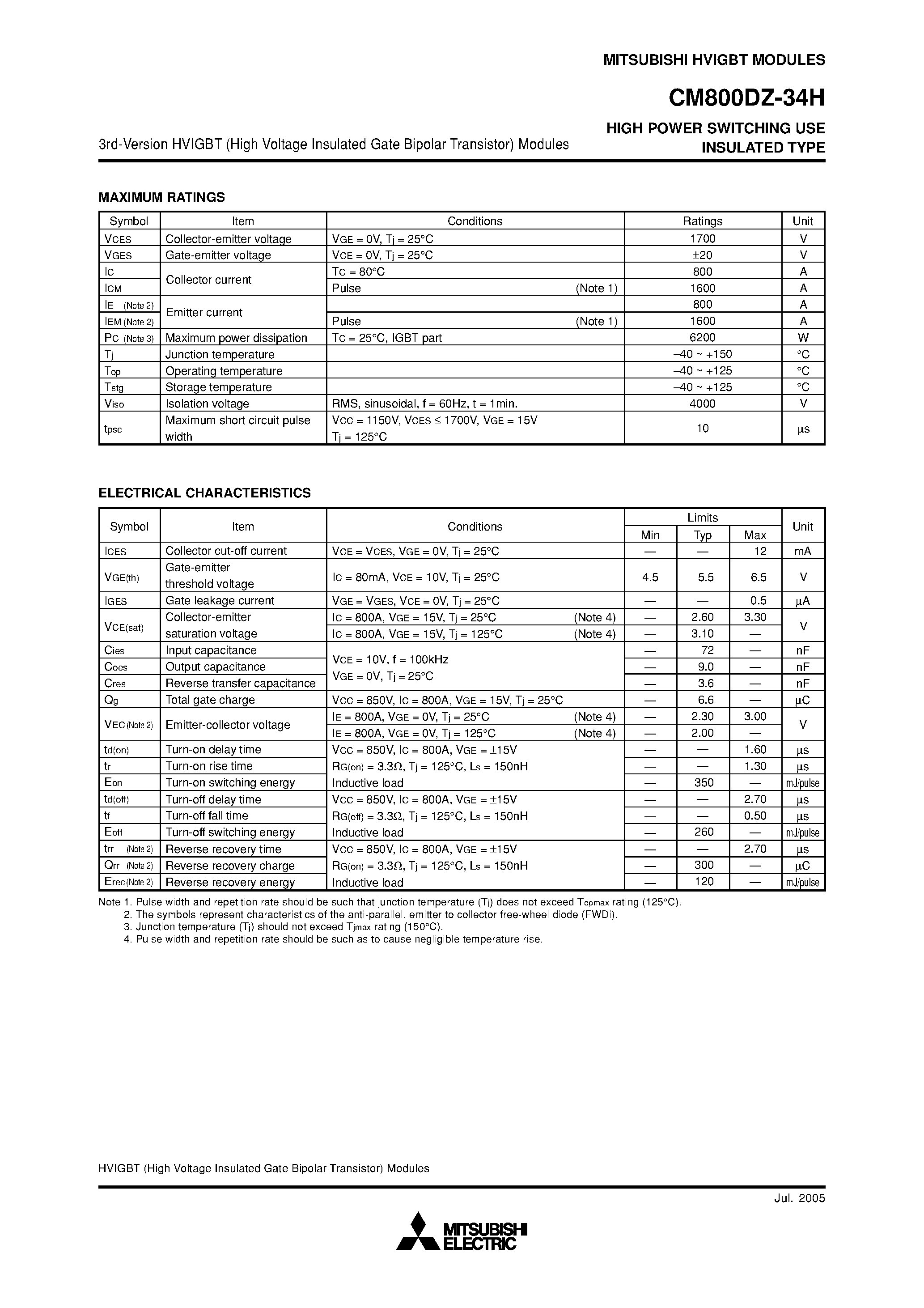 Даташит на микросхему CM800DZ-34H страница 2 Даташит CM800DZ-34H - HIGH POWER SWITCHING USE INSULATED TYPE страница 2