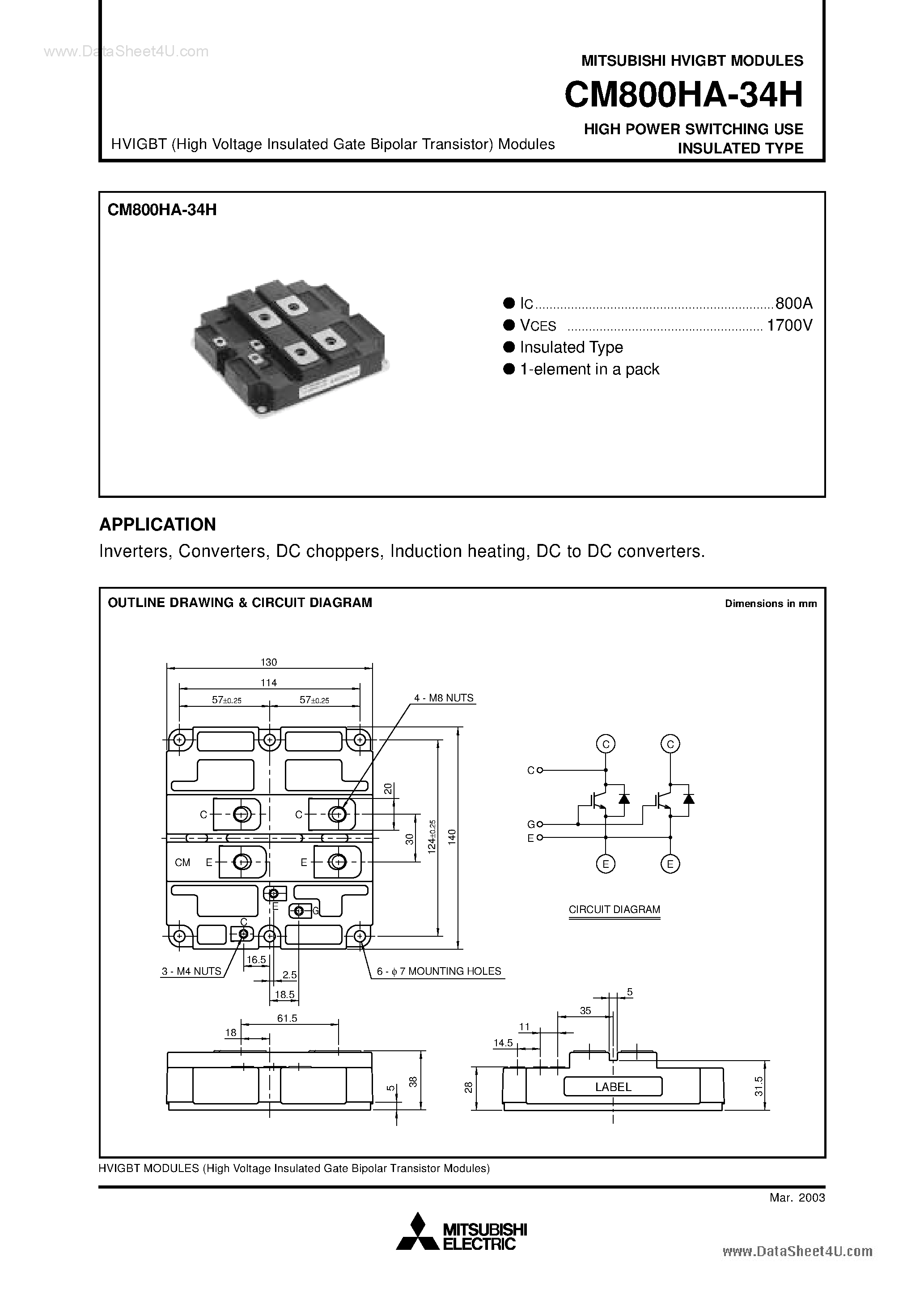 Даташит на микросхему CM800HA-34H страница 1 Даташит CM800HA-34H - HIGH POWER SWITCHING USE INSULATED TYPE страница 1