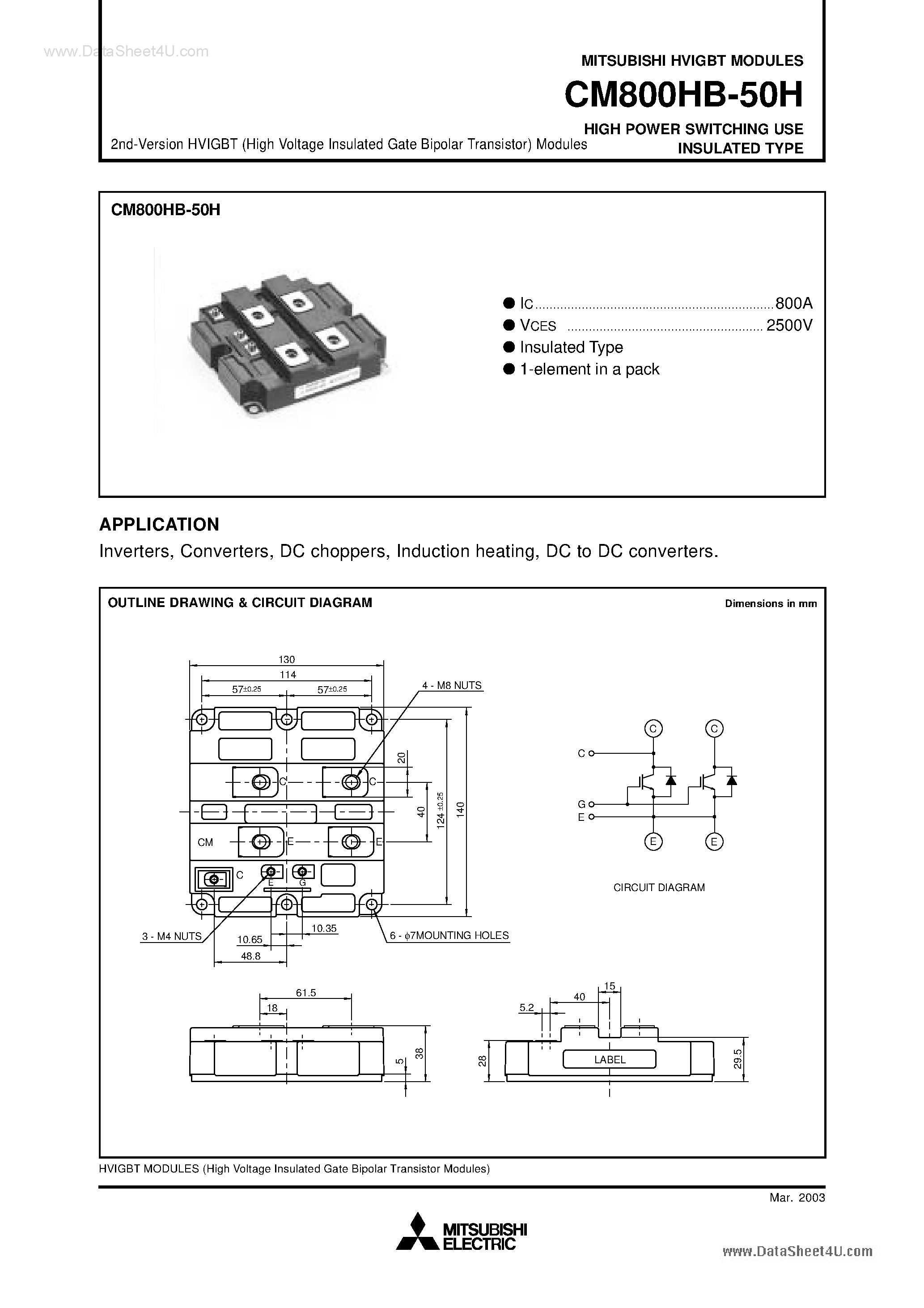 Даташит на микросхему CM800HB-50H страница 1 Даташит CM800HB-50H - HIGH POWER SWITCHING USE INSULATED TYPE страница 1