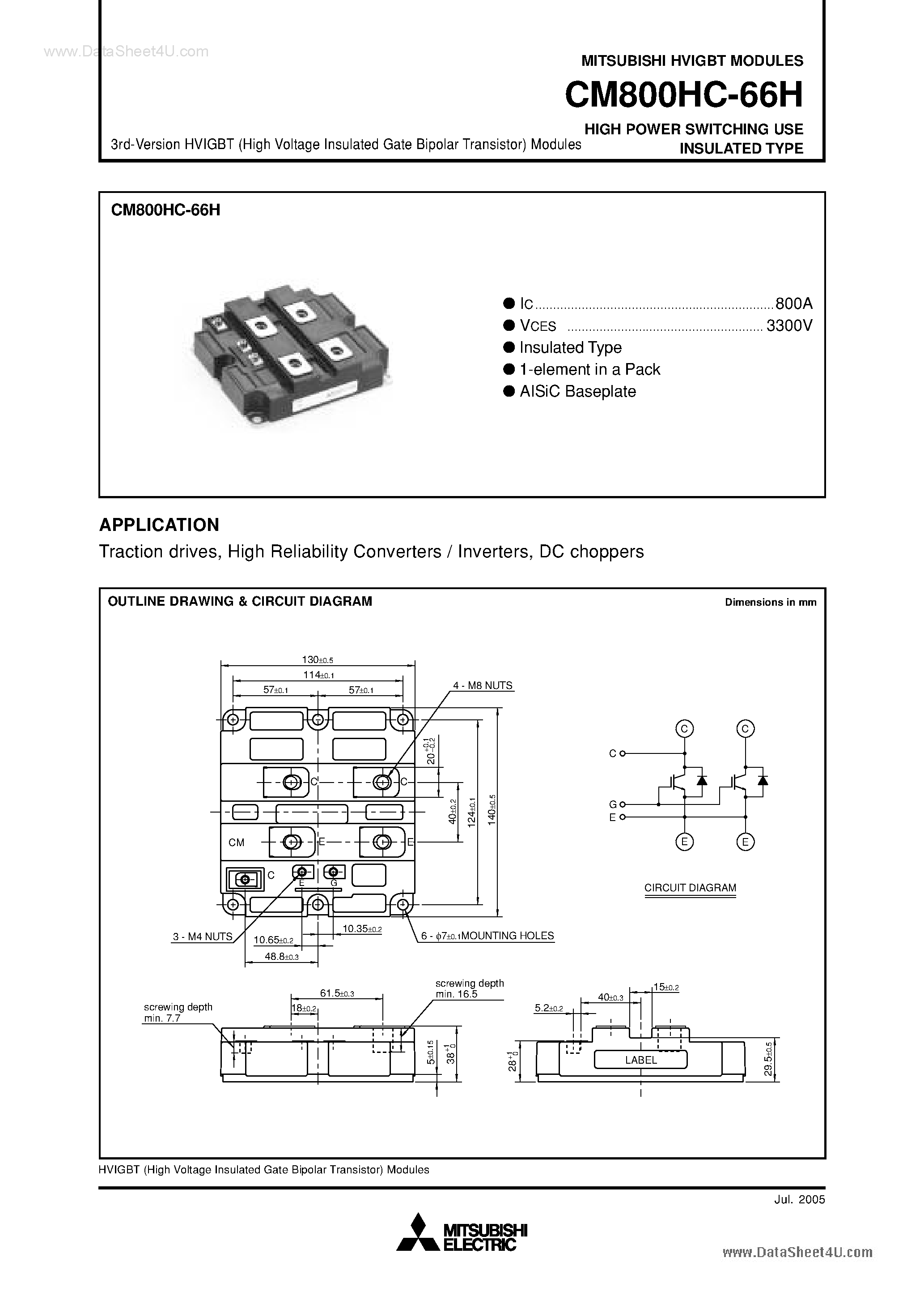 Даташит на микросхему CM800HC-66H страница 1 Даташит CM800HC-66H - HIGH POWER SWITCHING USE INSULATED TYPE страница 1