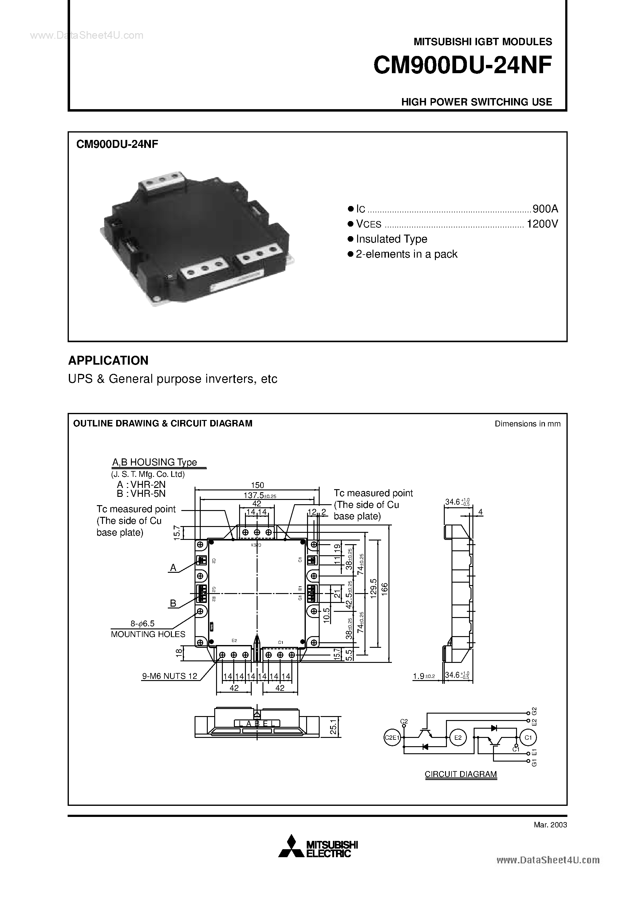 Даташит на микросхему CM900DU-24NF страница 1 Даташит CM900DU-24NF - HIGH POWER SWITCHING USE страница 1