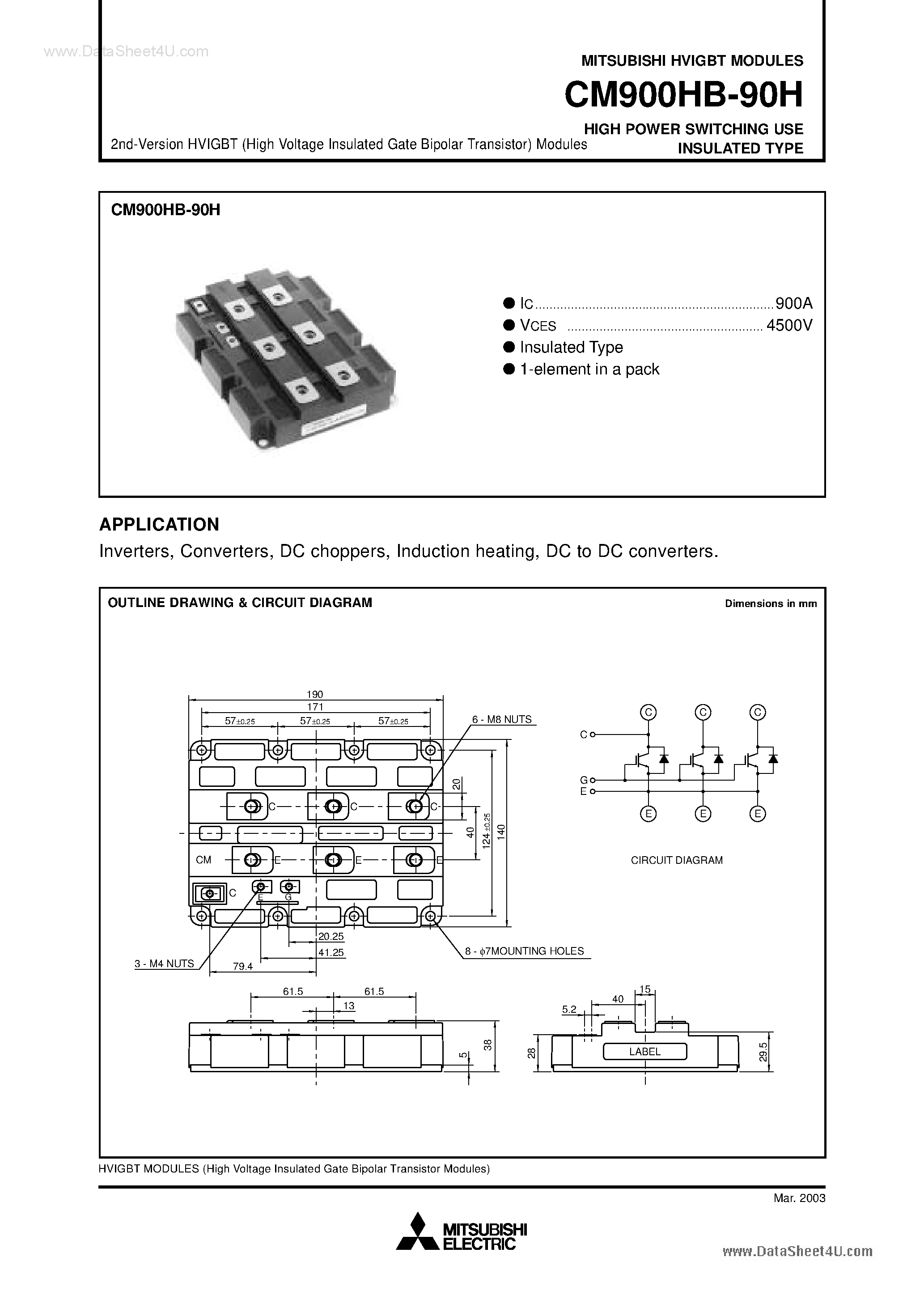 Даташит на микросхему CM900HB-90H страница 1 Даташит CM900HB-90H - HIGH POWER SWITCHING USE INSULATED TYPE страница 1