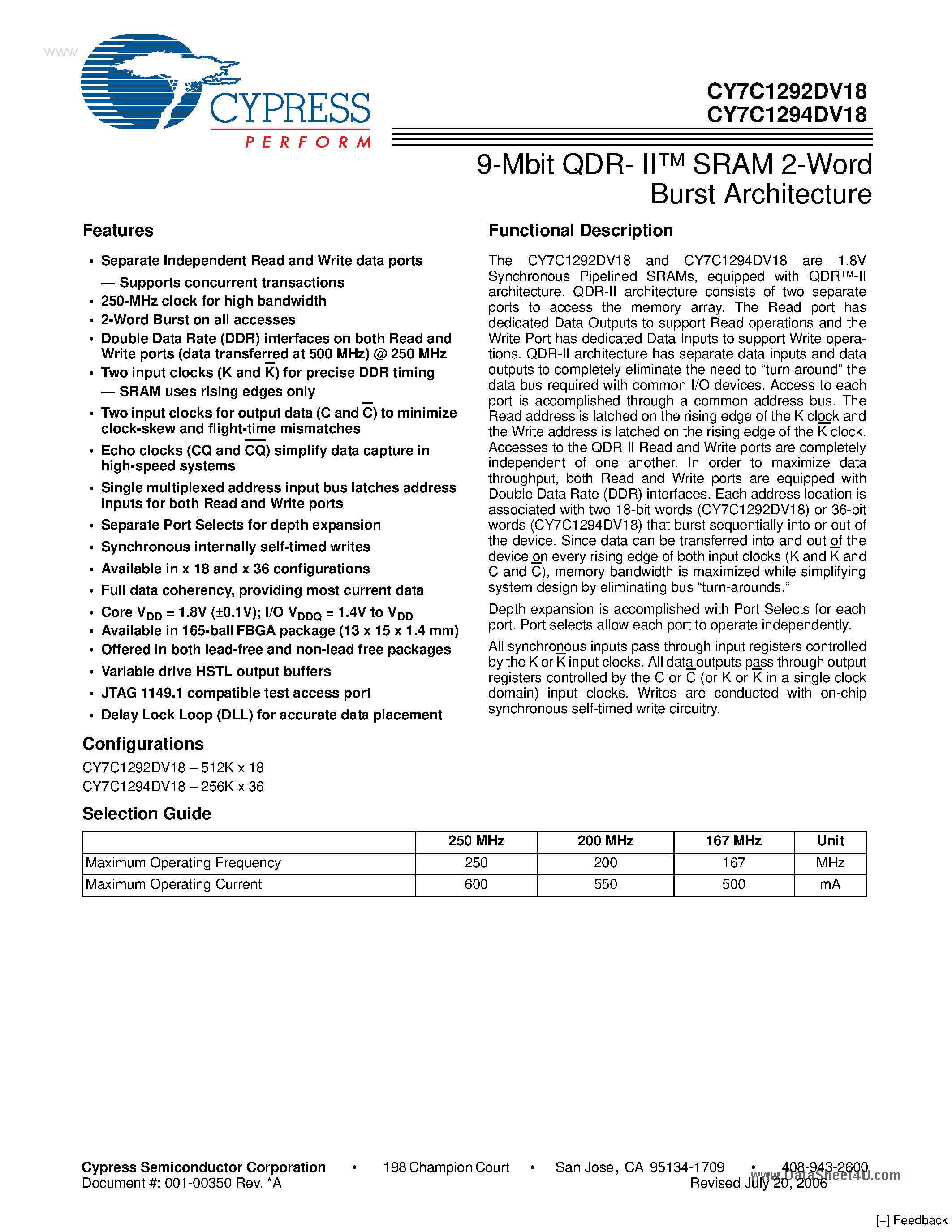 Даташит CY7C1292DV18 - (CY7C1292DV18 / CY7C1294DV18) SRAM 2-Word Burst Architecture страница 1