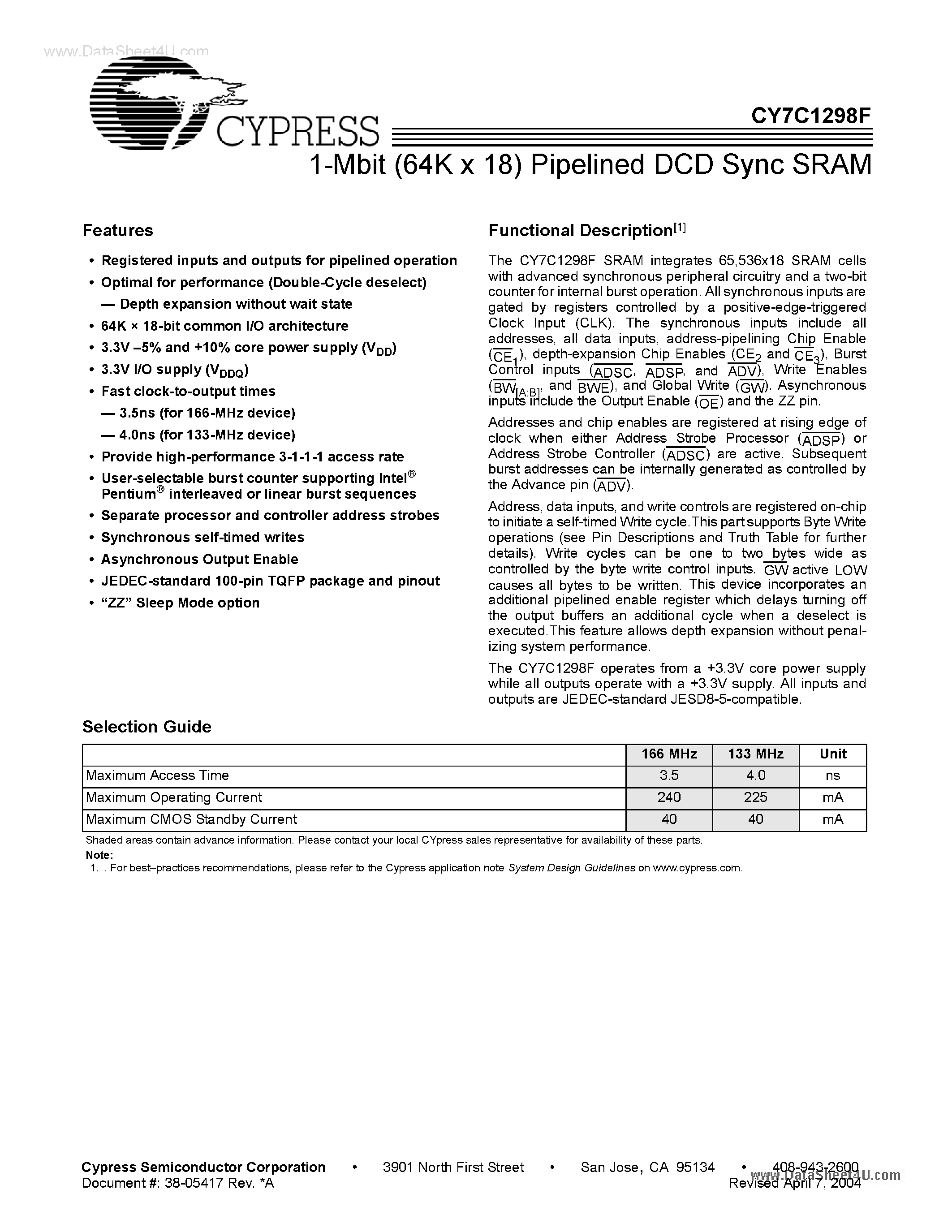 Даташит на микросхему CY7C1298F страница 1 Даташит CY7C1298F - 1-Mbit (64K x 18) Pipelined DCD Sync SRAM страница 1