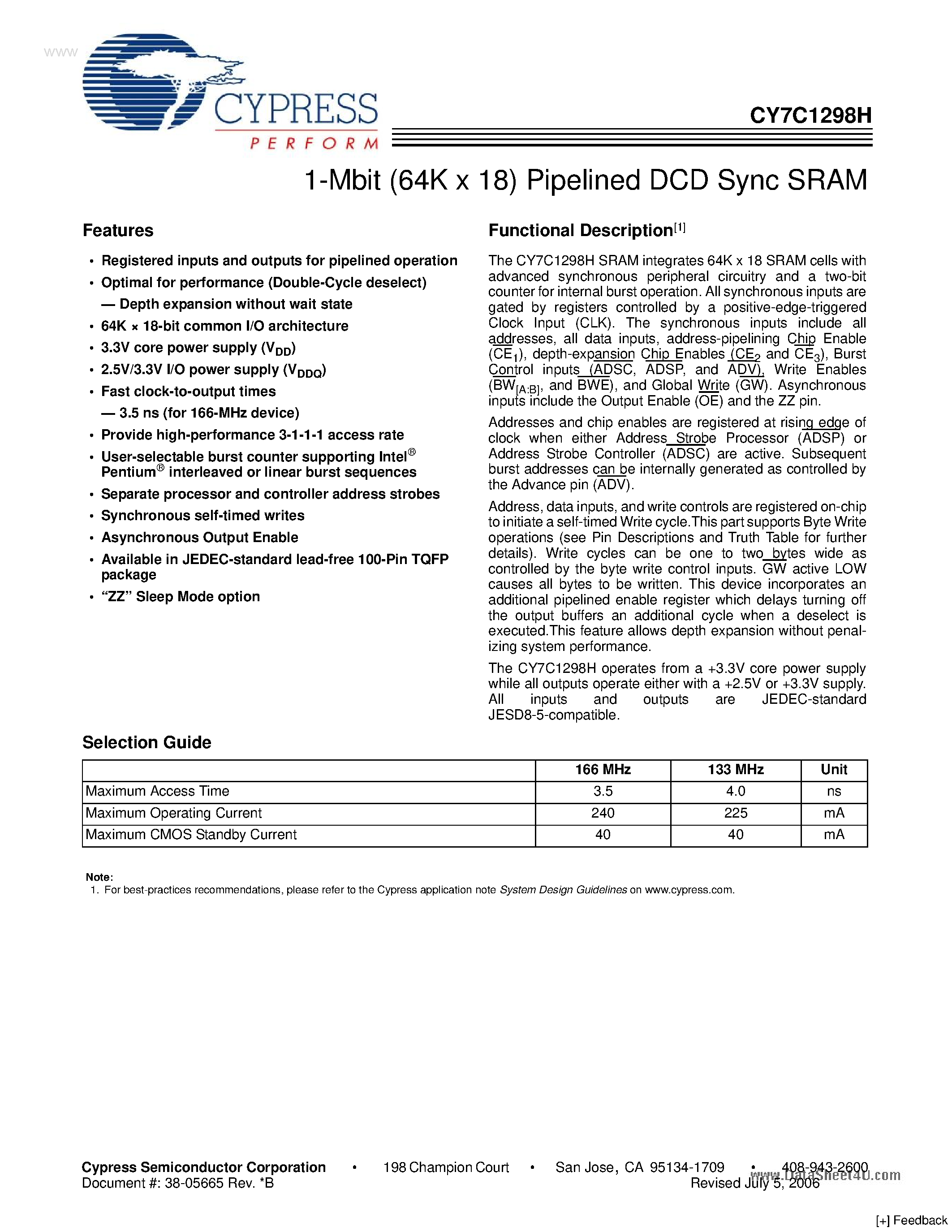 Даташит на микросхему CY7C1298H страница 1 Даташит CY7C1298H - 1-Mbit (64K x 18) Pipelined DCD Sync SRAM страница 1