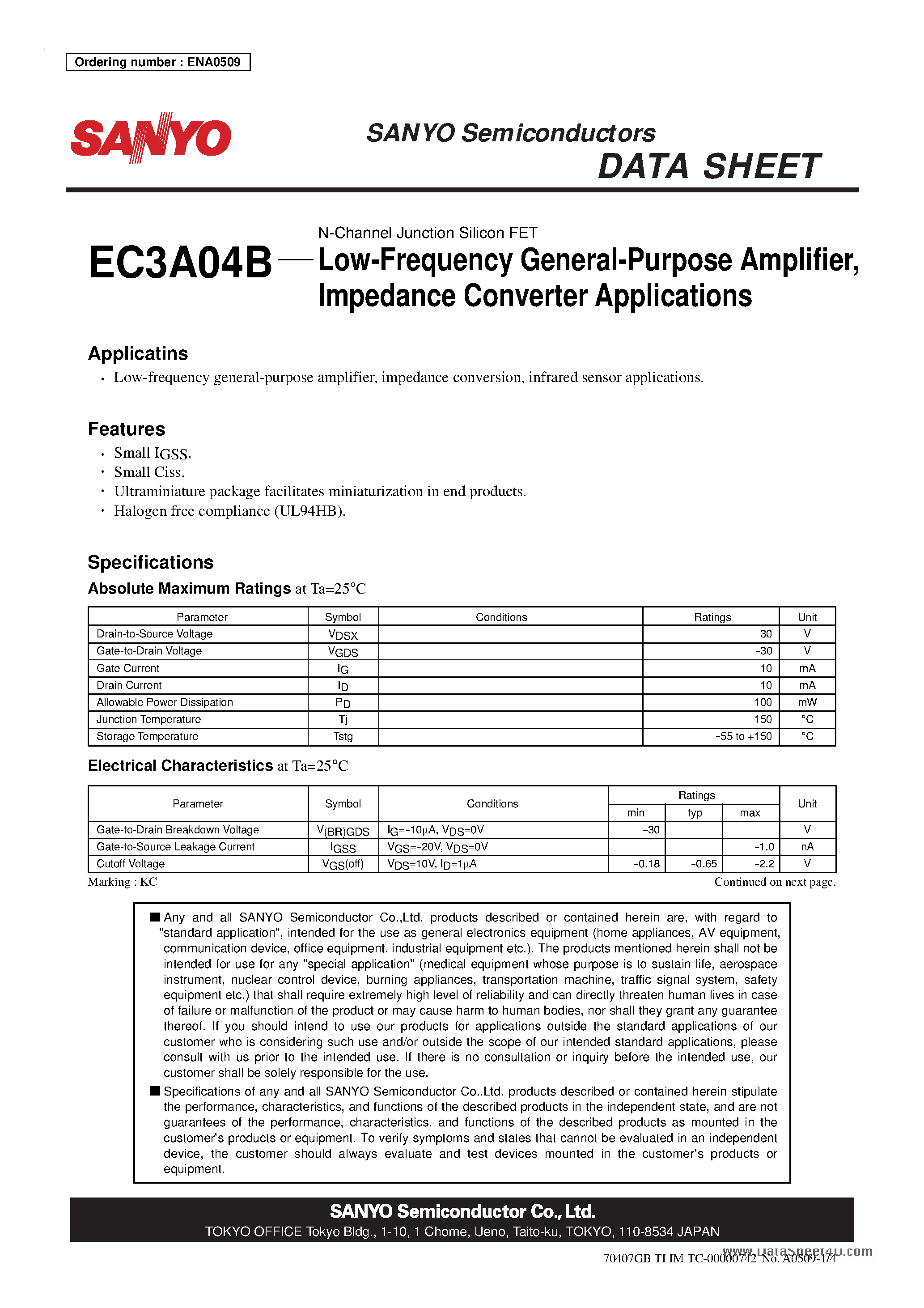 Datasheet EC3A04B - N-Channel Junction Silicon FET page 1