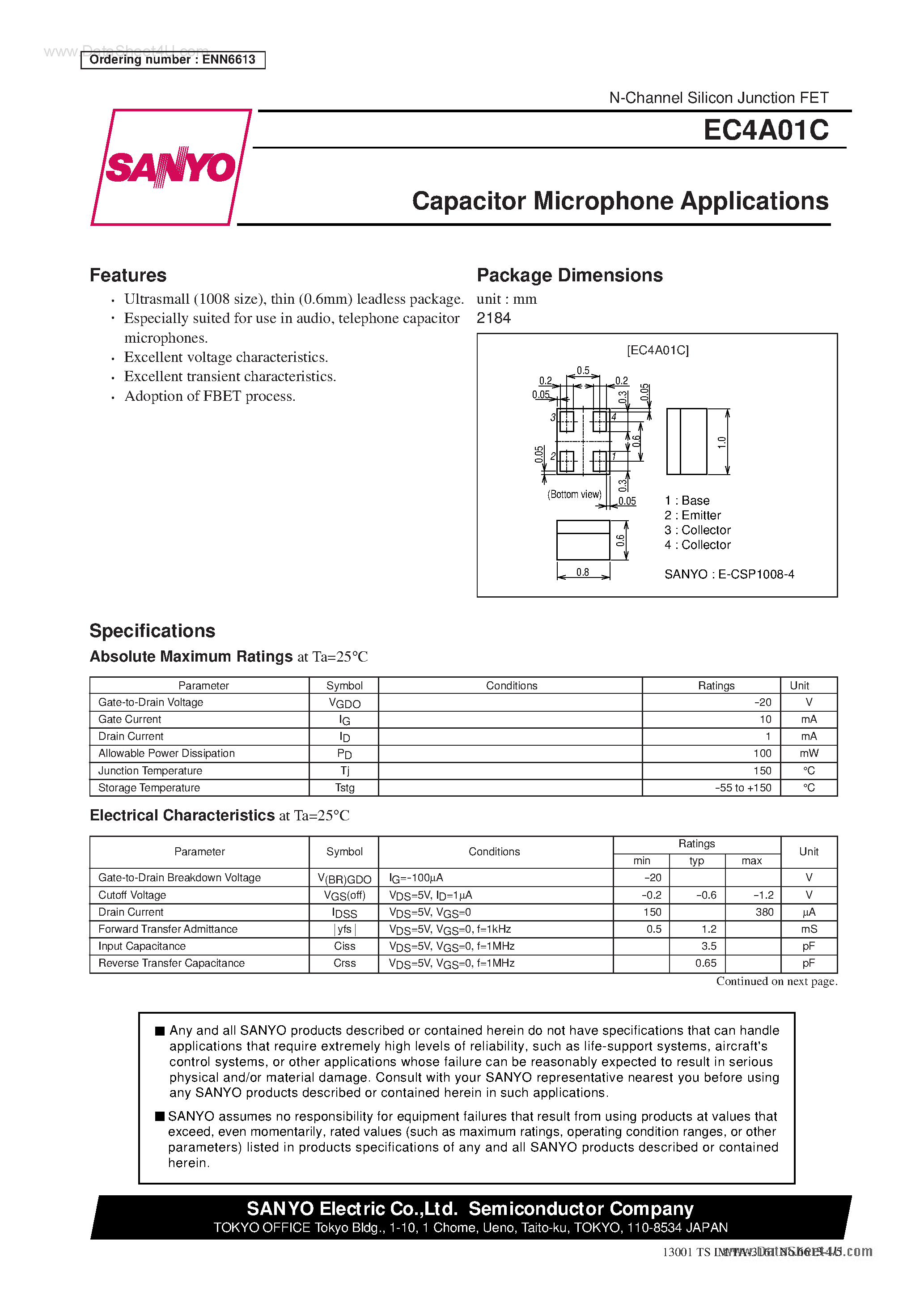 Datasheet EC4A01C - Capacitor Microphone Applications page 1