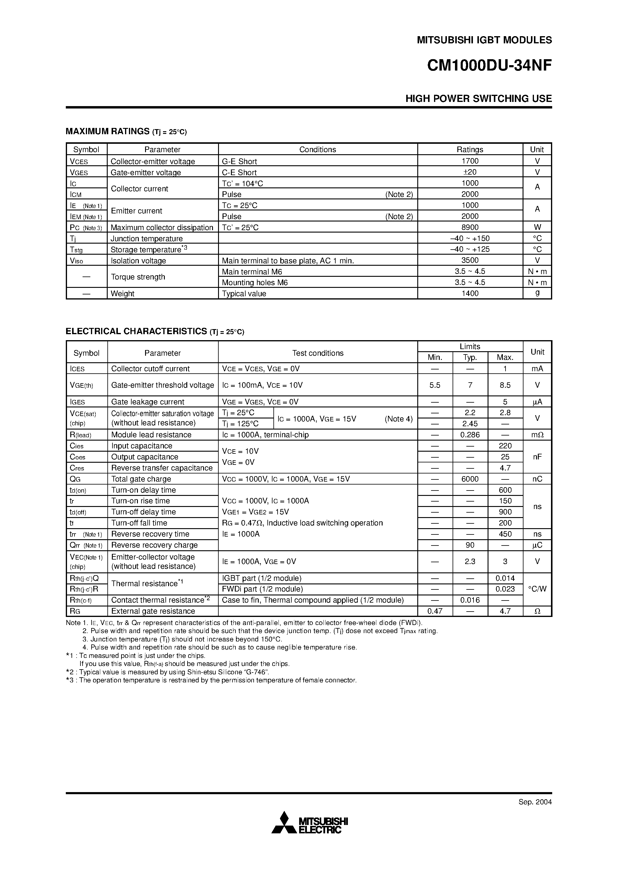 Даташит на микросхему CM1000DU-34NF страница 2 Даташит CM1000DU-34NF - HIGH POWER SWITCHING USE страница 2