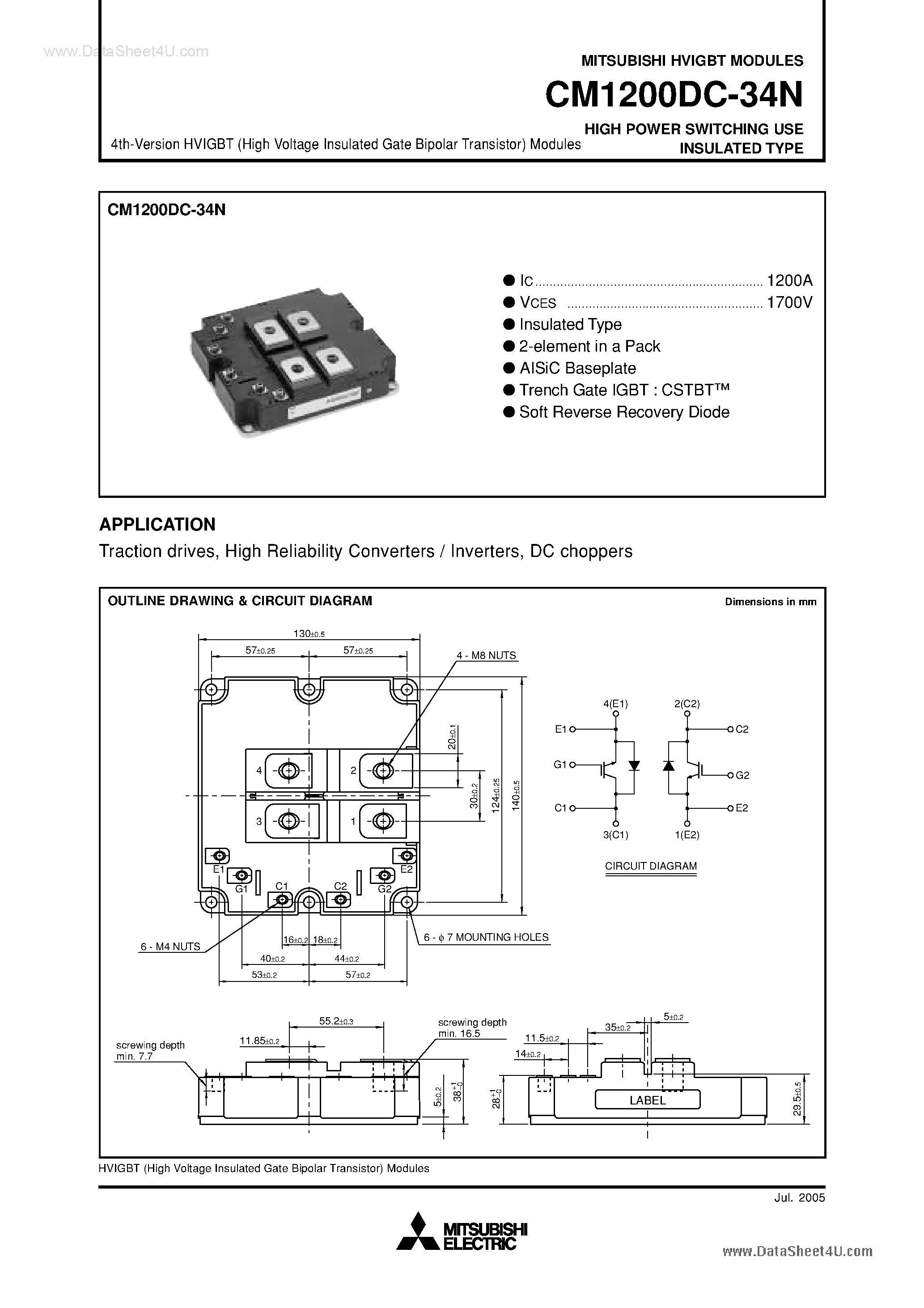 Даташит CM1200DC-34N - HIGH POWER SWITCHING USE INSULATED TYPE страница 1