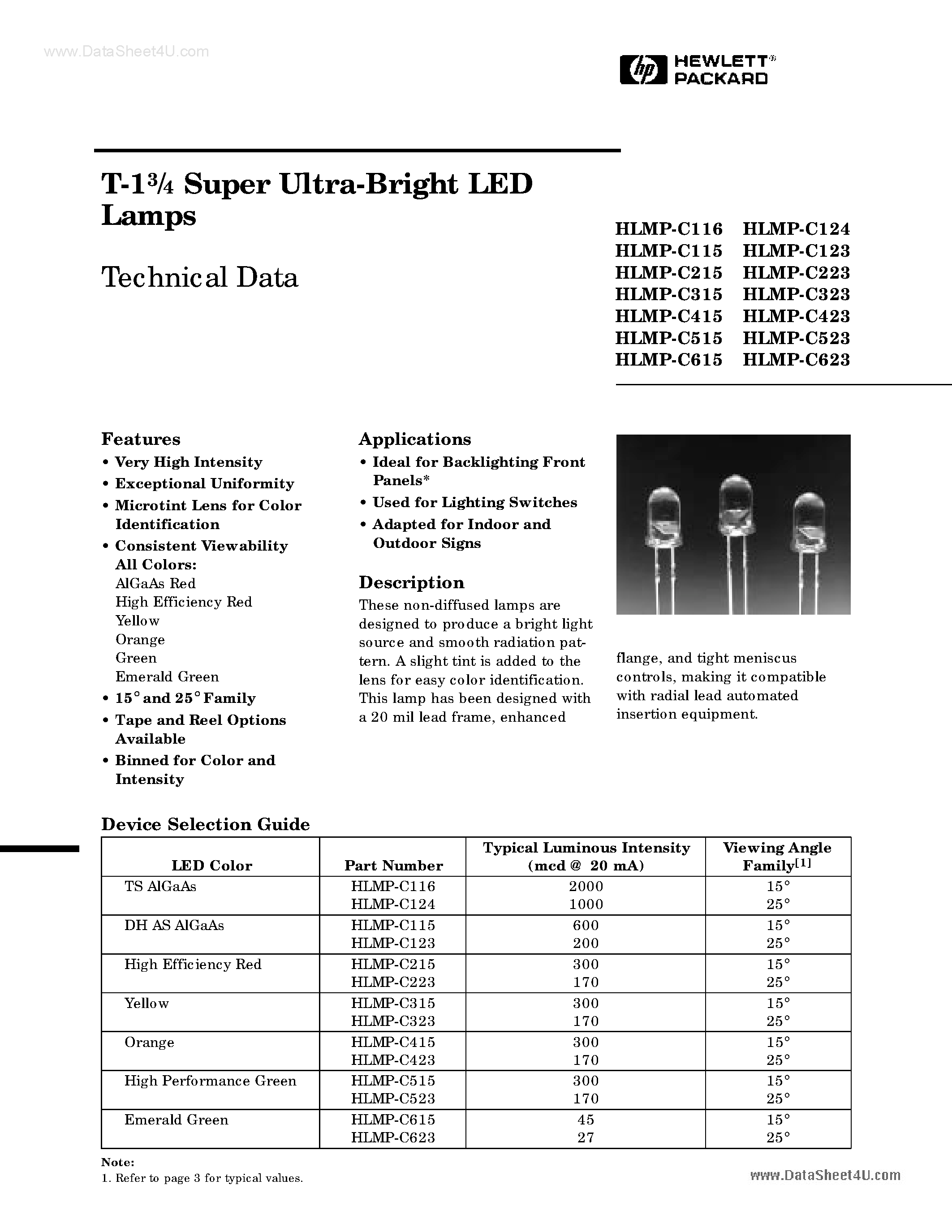 Datasheet HLMP-C115 - (HLMP-Cxxx) T-13/4 Super Ultra-Bright LED Lamps page 1