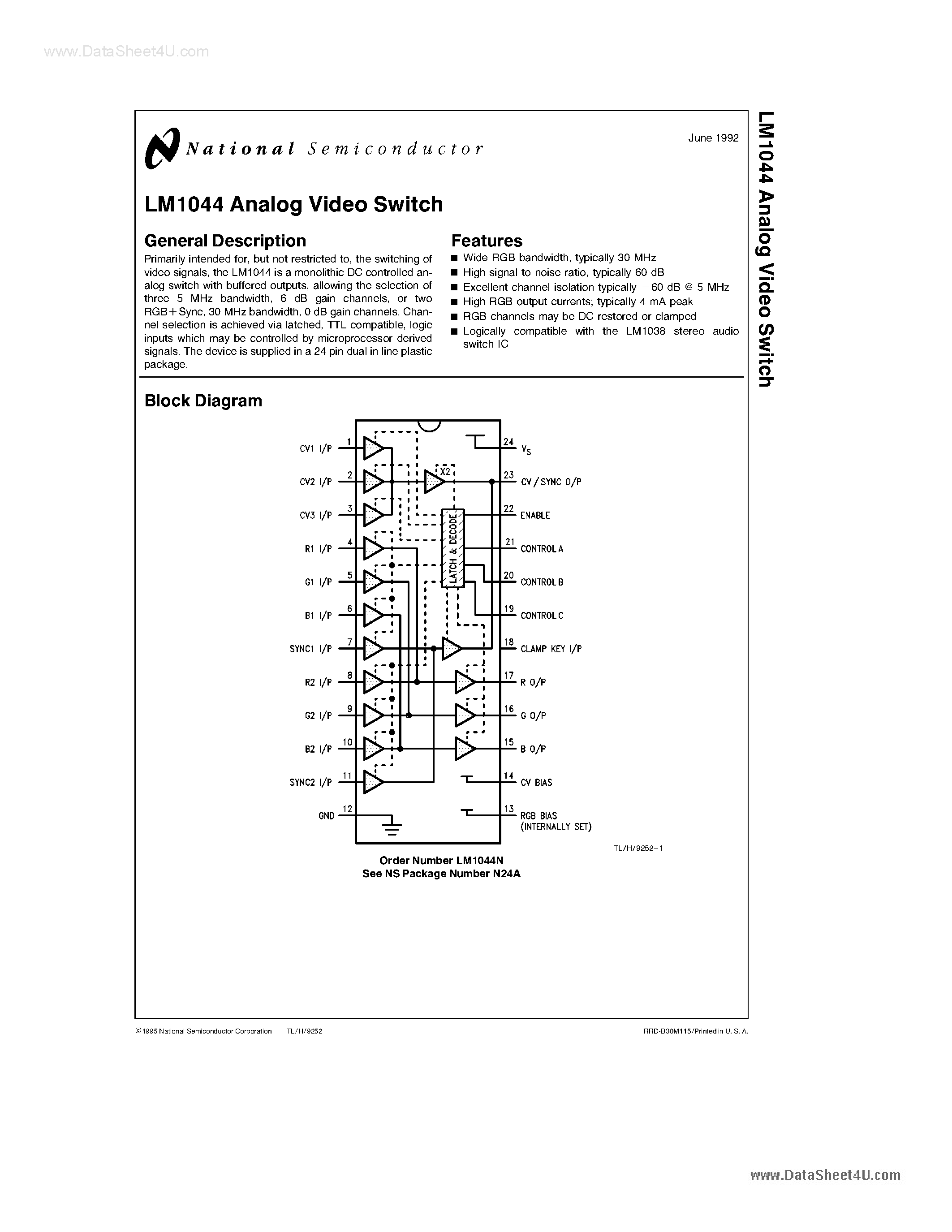 Даташит LM1044 - Analog Video Switch страница 1