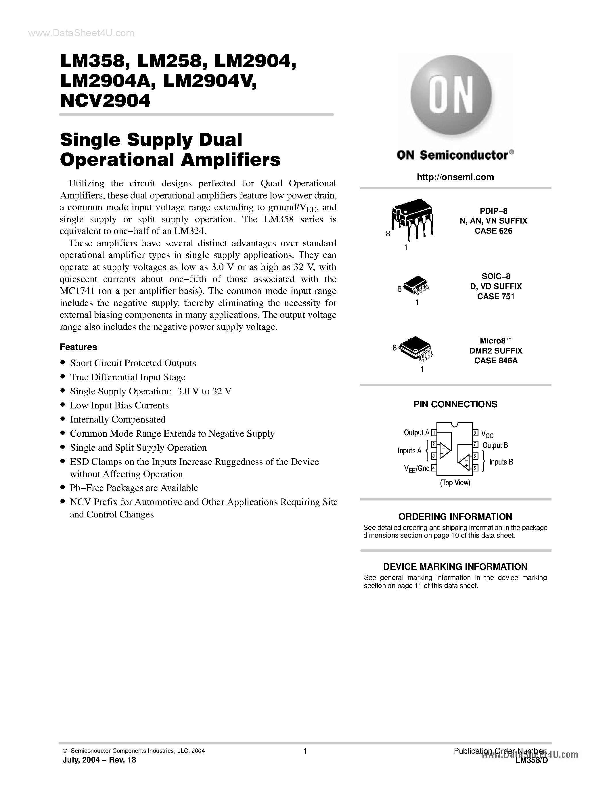 Datasheet LM358 page 1 Datasheet LM358 - Single Supply Dual Operational Amplifiers page 1