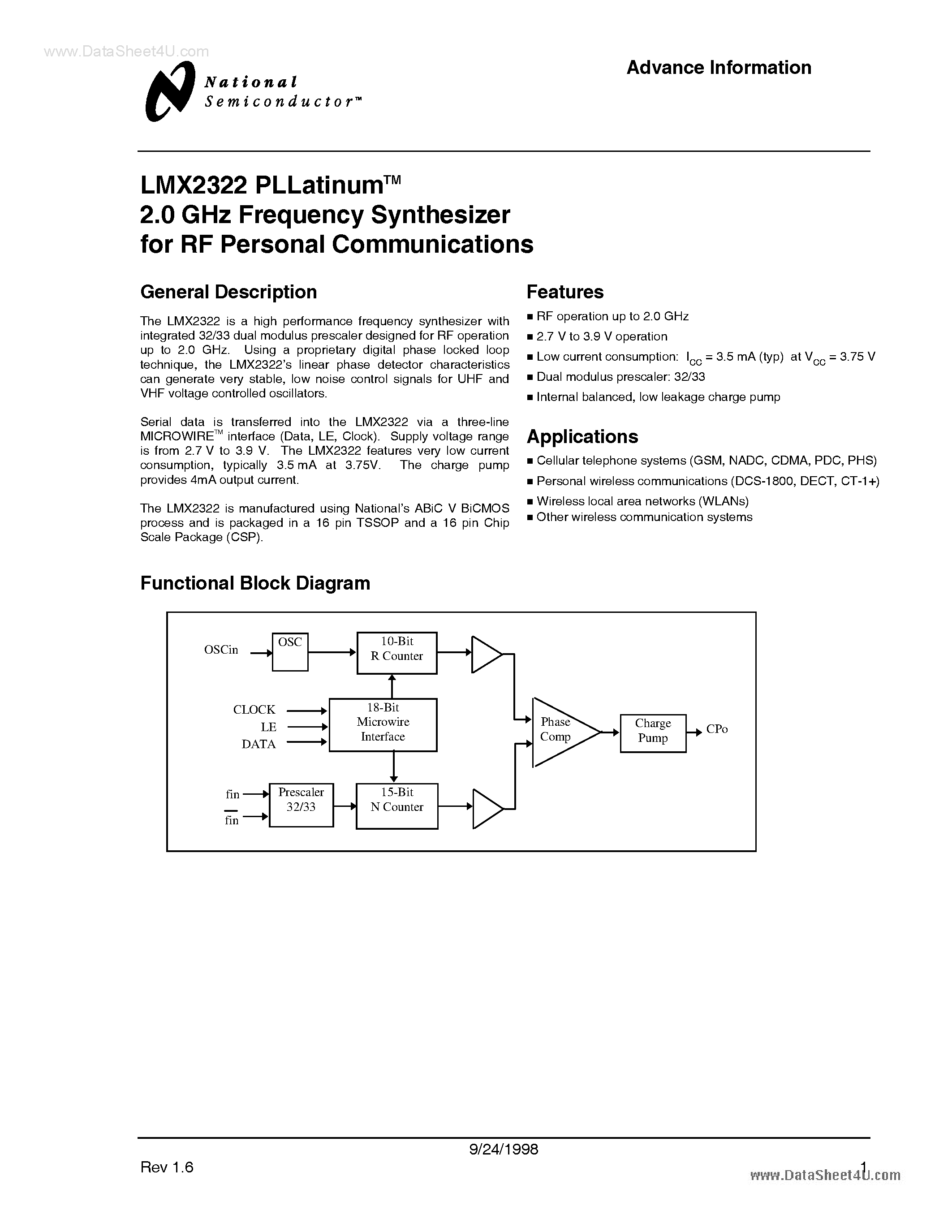 Даташит на микросхему LMX2322 страница 1 Даташит LMX2322 - PLLatinumTM 2.0 GHz Frequency Synthesizer страница 1